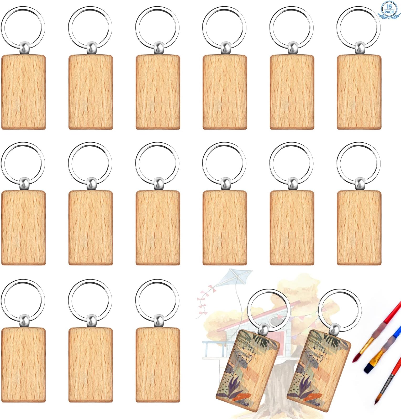 15Pcs Blank Wood Keychains - 5 * 3cm Rectangular DIY Wood Craft Keyrings - Natural Wooden Key Tags for DIY Craft Pyrography
