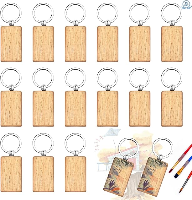 Baiyuanli 15Pcs Blank Wooden Keychains 5 * 3cm Wood Key Rings Rectangle DIY Wooden Keychains Personalized Wooden Craft Keychains Keyrings Natural Wooden Key Tags for DIY Craft Pyrography