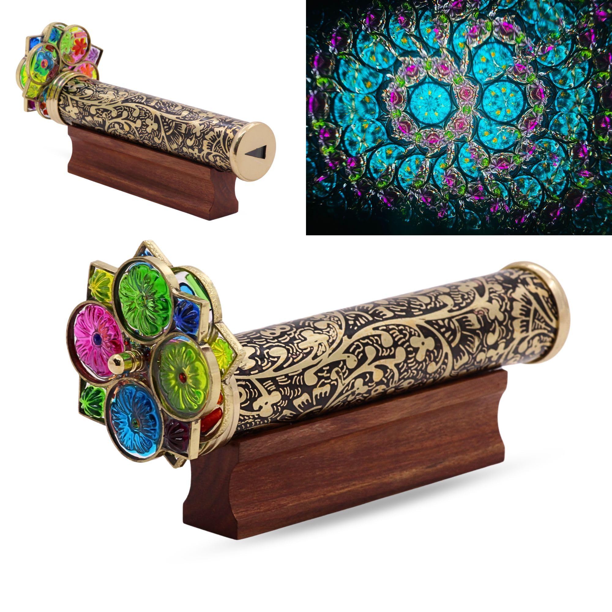 YVCrafts Handmade Giant Trigon Floral Gardens Brass Kaleidoscope with Two Wheels, Perfect for art collectors and kaleidoscope enthusiasts