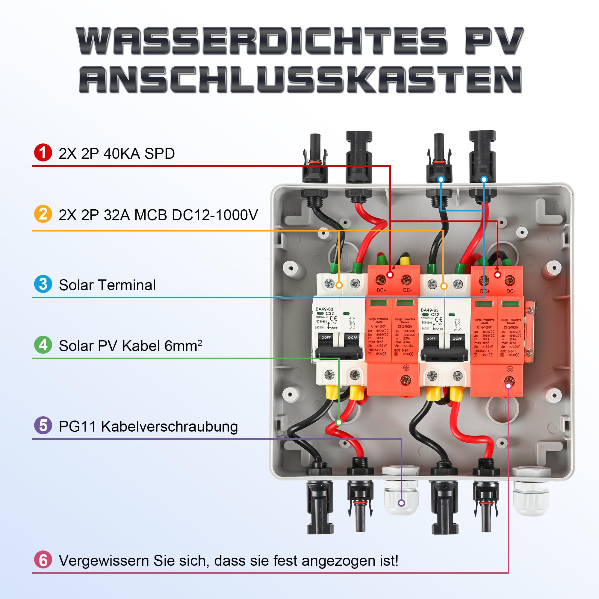Warmfay Überspannungsschutz PV DC1000V Blitzschutz Leitungsschutzschalter 32A DC Trennschalter PV Anlage 2 String, IP65 Wasserdicht & UV-Beständig Solar Anschlusskasten 2 in 2 out