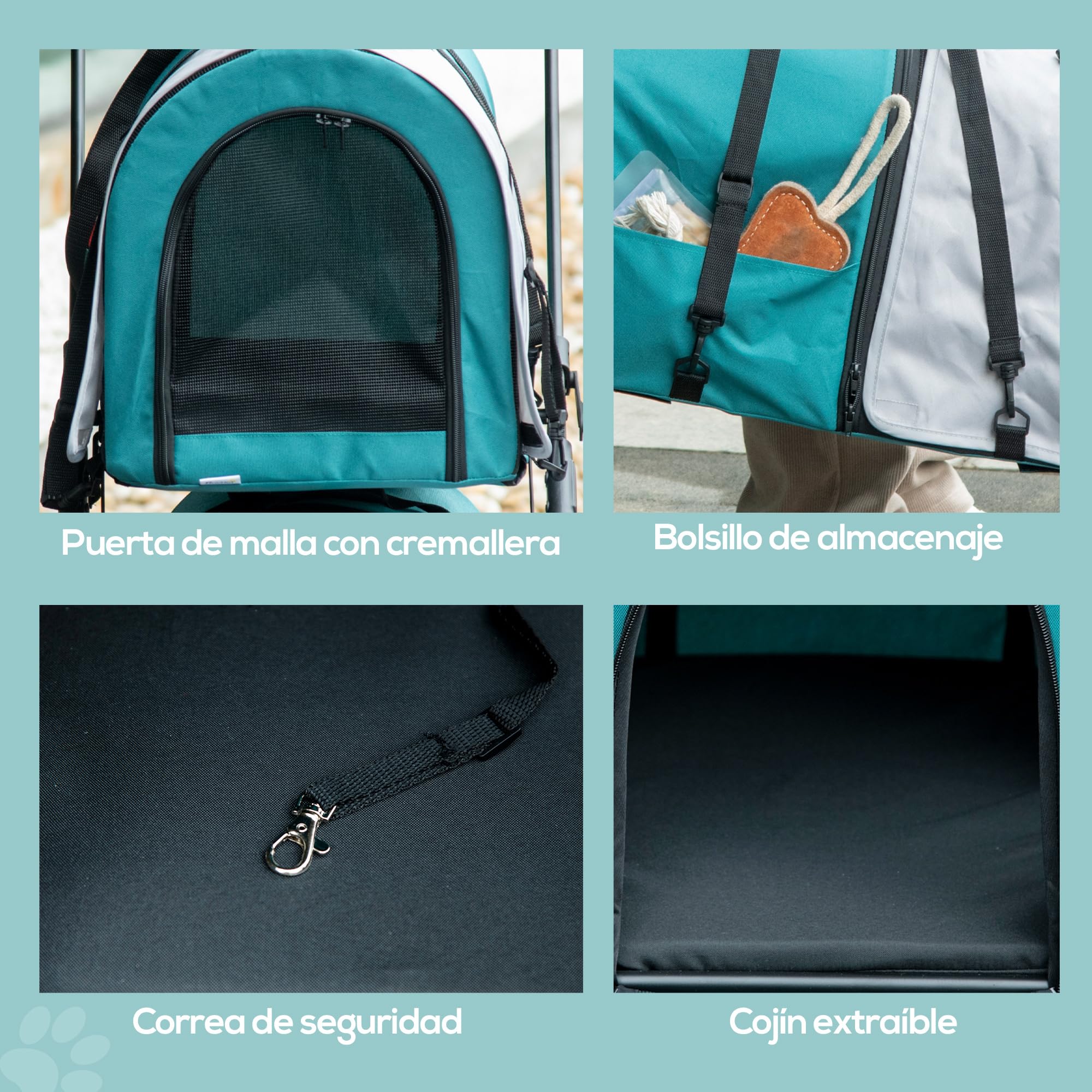 PawHut Carrito Doble para Perros Gatos Cochecito Plegable para Mascotas con 2 Transportines Extraíbles Cinturón de Seguridad Bolsillos Laterales y 2 Cojines Cada Carga 10 kg 66x50x98 cm, Verde