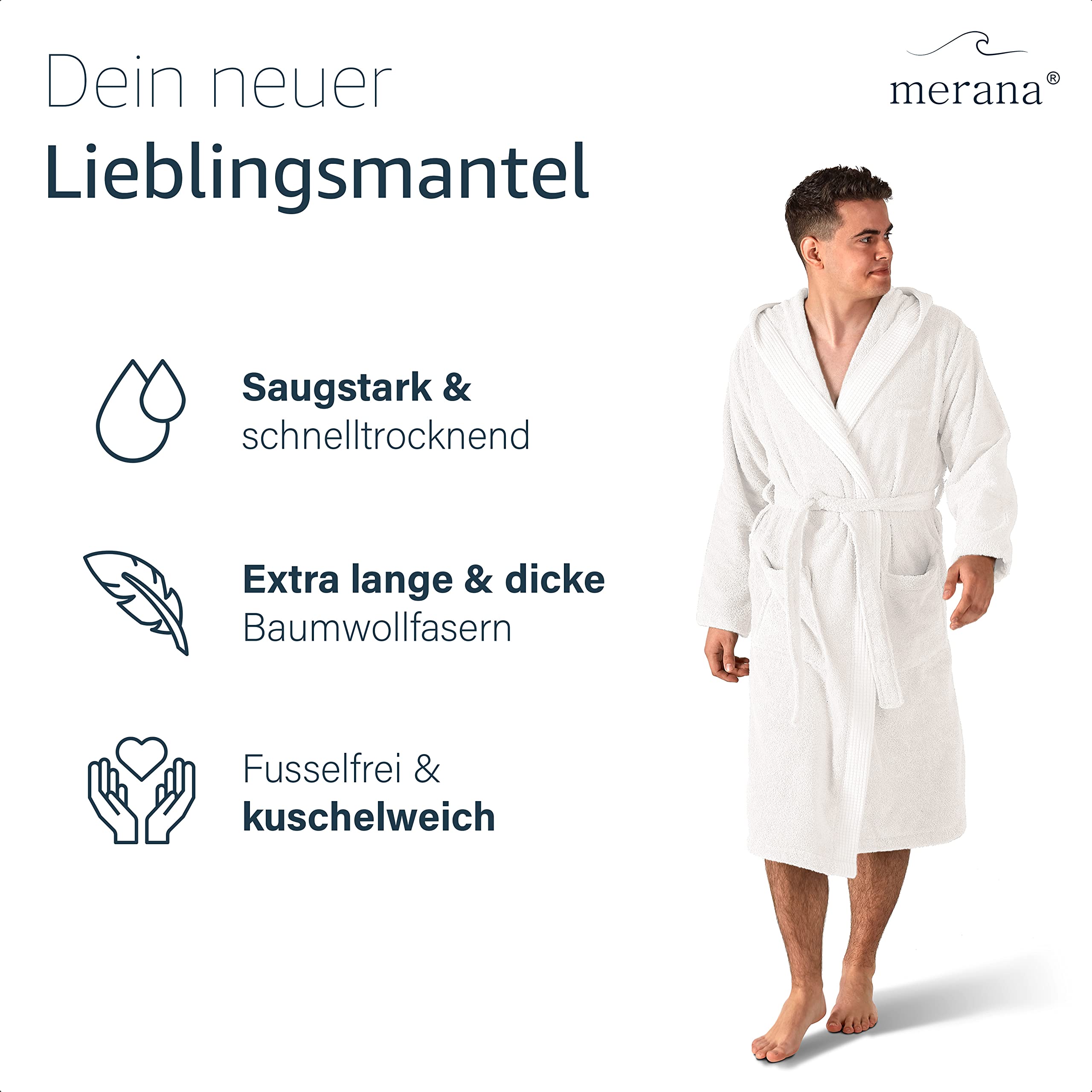 Merana Rome Bademantel Unisex | kuschelweicher und saugstarker Bademantel für Herren und Damen mit großer Kapuze | Frottier Luxus Qualität | 100% Baumwolle | Oeko-TEX | Premium Hotelqualität 450 GSM