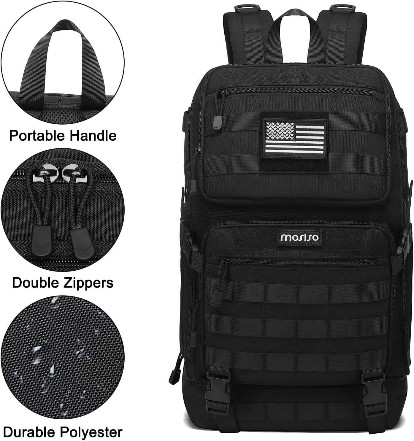 MOSISO 23L Tactical Backpack with Bottom Insulated Cooler, Military Daypack 3 Day Assault Pack Army Rucksack Bug Out Bag with USA Flag Patch for Men Women Sport Outdoor Hiking Camping Training, Black