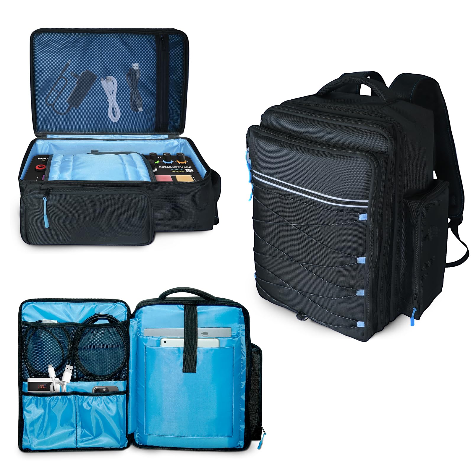 Audio Mixer Travel Case Backpack Compatible with RODECaster Pro/Pro II/Duo,TC-Helicon GoXLR,Yamaha MG06X/MG10XU,DJ Mixer Case Bag with Multi-Pockets for Microphones,Cables & More Podcast Equipment