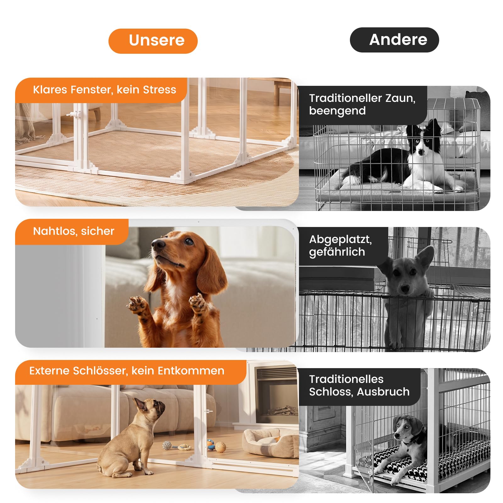 Gardner Pet Przezroczysta płot dla psa, 8 paneli, 60 cm, biała | Metalowa obudowa wewnętrzna z płyty PET, zamknięcie zatrzaskowe i przyssawki, 7 paneli + 1 drzwi dla małych zwierząt
