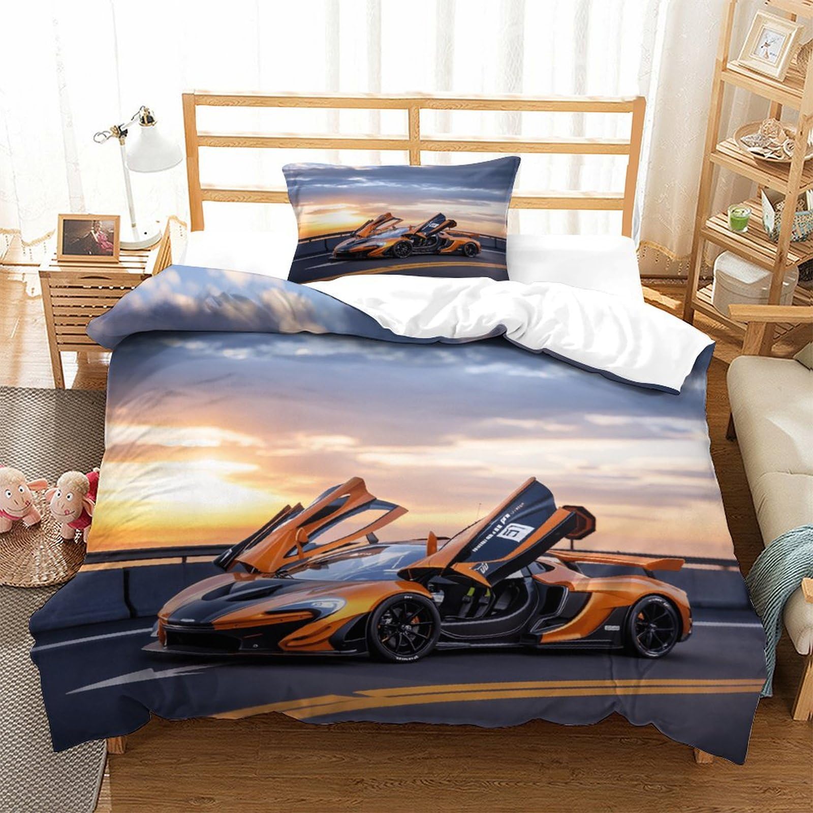 XiaopangXY Supercar Breathable Bedding Set Hidden Zipper Luxury Car Duvet Cover Set with Pillowcases Quilt Cover Set Soft Microfiber 3D Printing Comforter Cover Single（135x200cm）