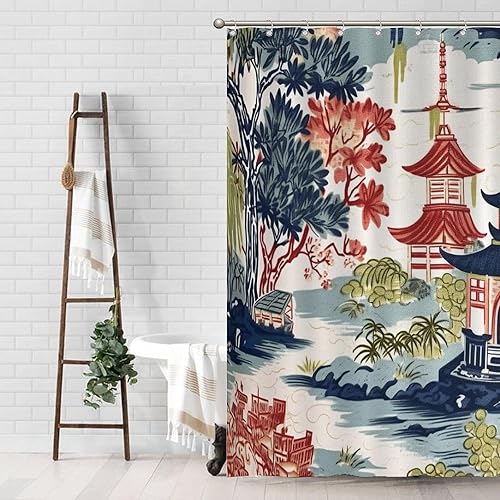 Miniatura 586 de Cortinas de ducha de baño con ganchos, 72 x 92 pulgadas, cortina de ducha de tela impermeable con diseño de flores y pájaros, cortina de ducha