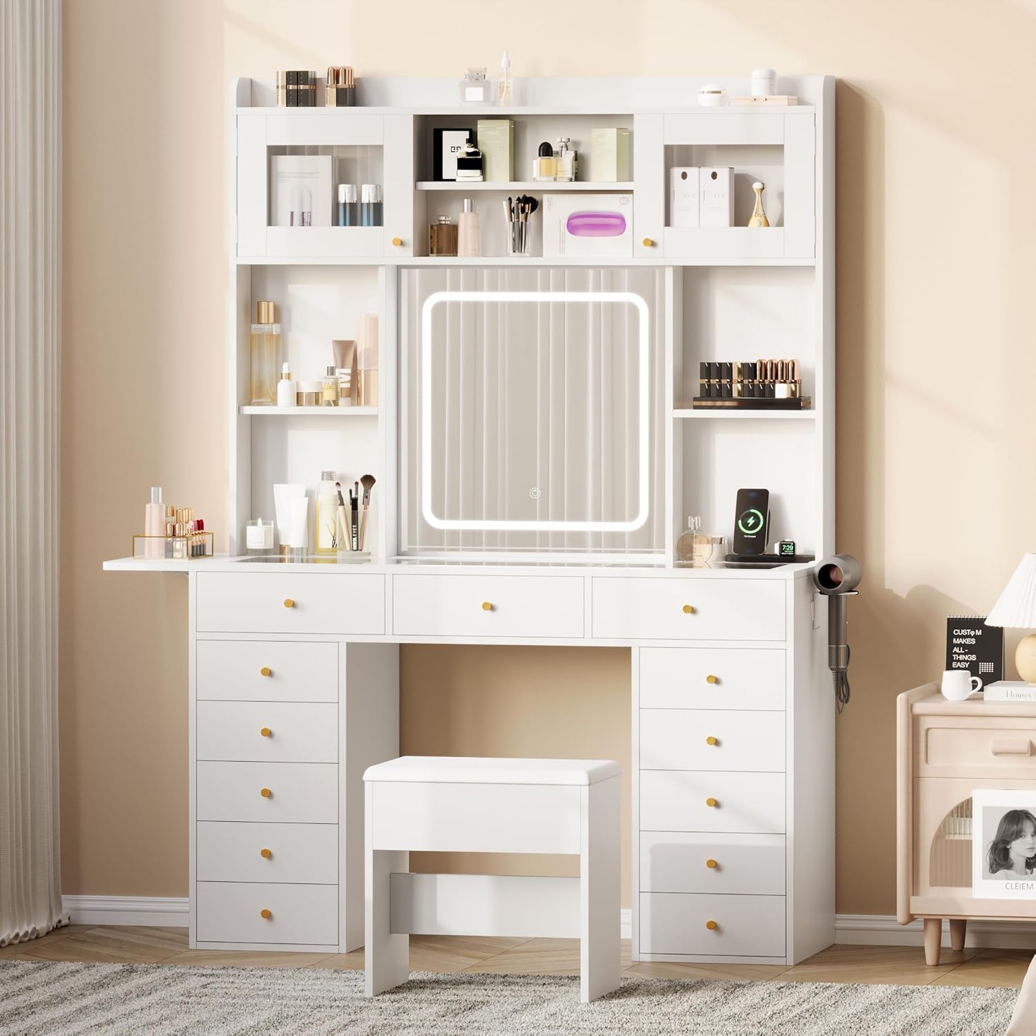 Vanity Desk with Mirror and Light, 47.2''W White Makeup Vanity with Glass Top and 13 Drawers, Fold-up Panel, Modern Vanity Table Set with Stool for Women Girls