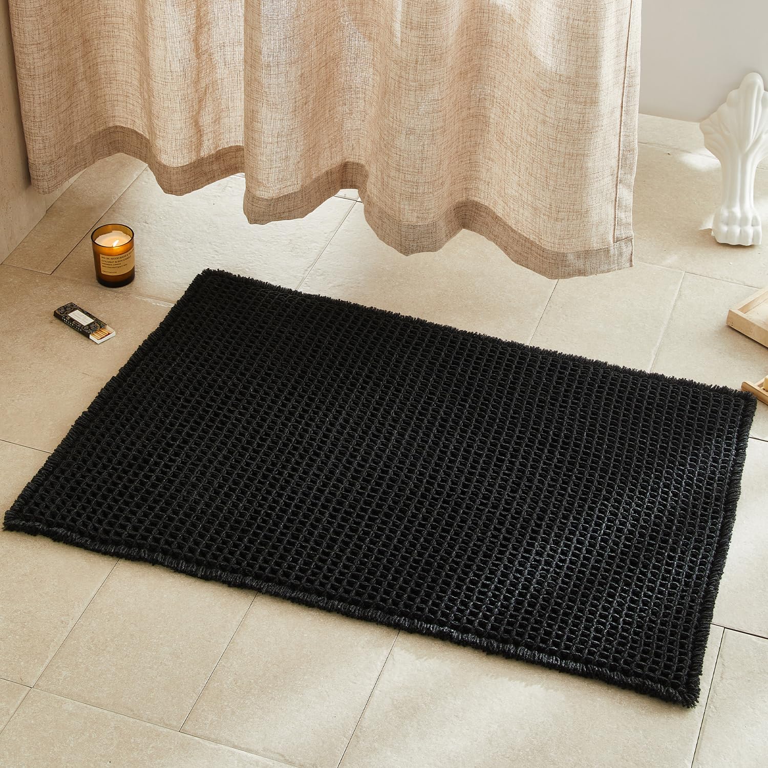 TYUU Black Bathroom Rug, Waffle Bath Mat Non Slip Washable Super Absorbent Quick Dry Boho Farmhouse Bathroom Decor, 36"x24"/ 3'x2' Black
