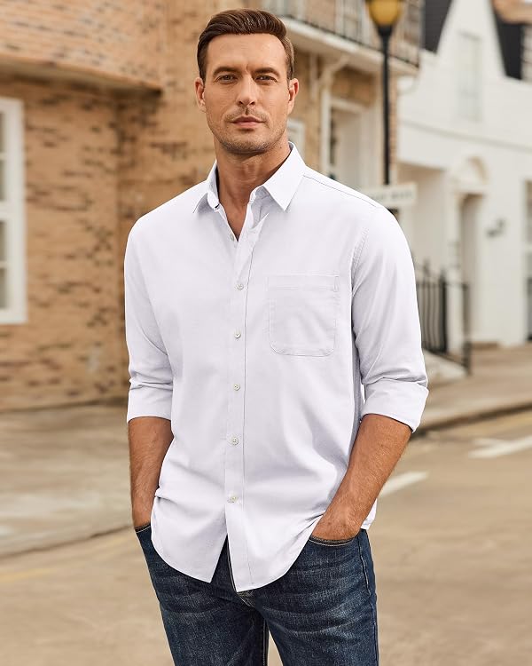Alimens & Gentle White Oxford Shirt Men Stretch Casual Shirt with Pocket by Alimens & Gentle - Used condition - Image 3