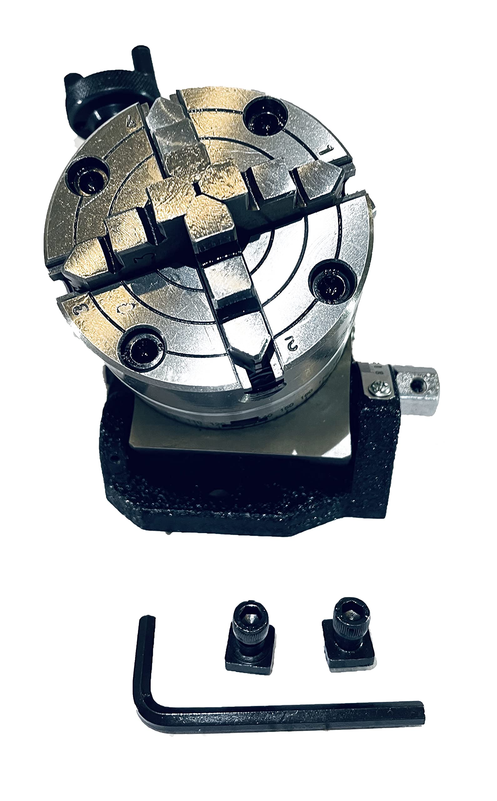 Assorts 3" Inches/ 80 Mm Tilting Rotary Table With Round Vice, 65 Mm 3 Jaws Self Centering Chuck Er20 Collet Adaptor M6 Clamp Kit Back Plate T Nuts Bolt - View #2