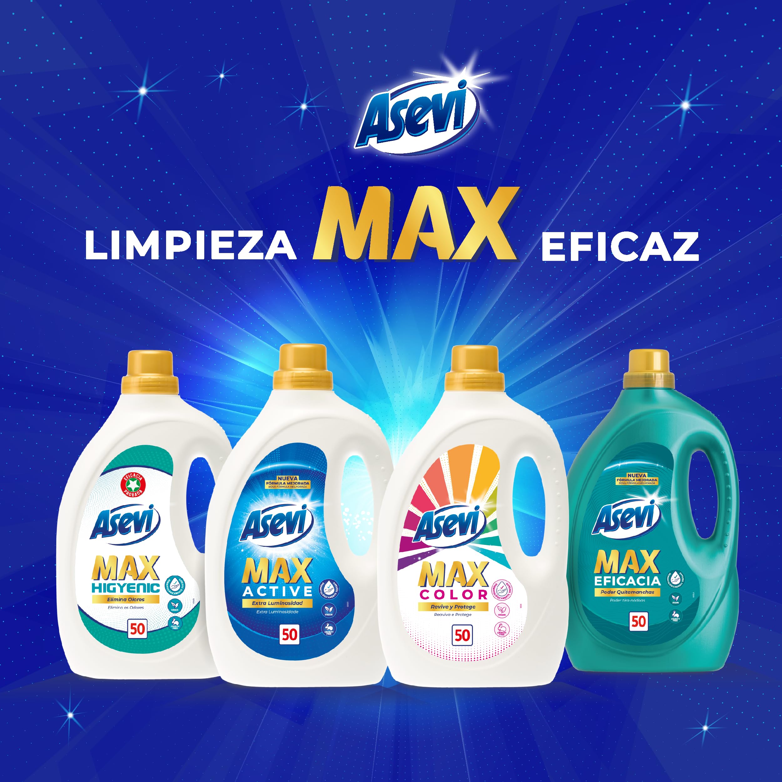Asevi Detergente Líquido para Lavadora Max Eficacia - Detergente Hipoalergénico Concentrado para Ropa Blanca y de Color - Poder Quitamanchas para una Ropa Limpia y Fresca - Pack 5 x 50 Lavados