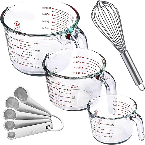 Juego de 3 tazas medidoras de vidrio con cucharas medidoras y batidor Tazón de mezcla de cocina, taza medidora de líquidos, utensilios de vidrio