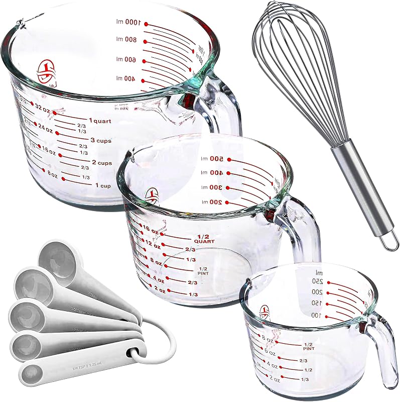 Le'raze Set of 3 Glass Measuring Cups with Measuring Spoons & Whisk - Kitchen Mixing Bowl Liquid Measure Cup, Glass Bakeware. 1 cup, 2 cup, 4 cup., Multi Size, Clear