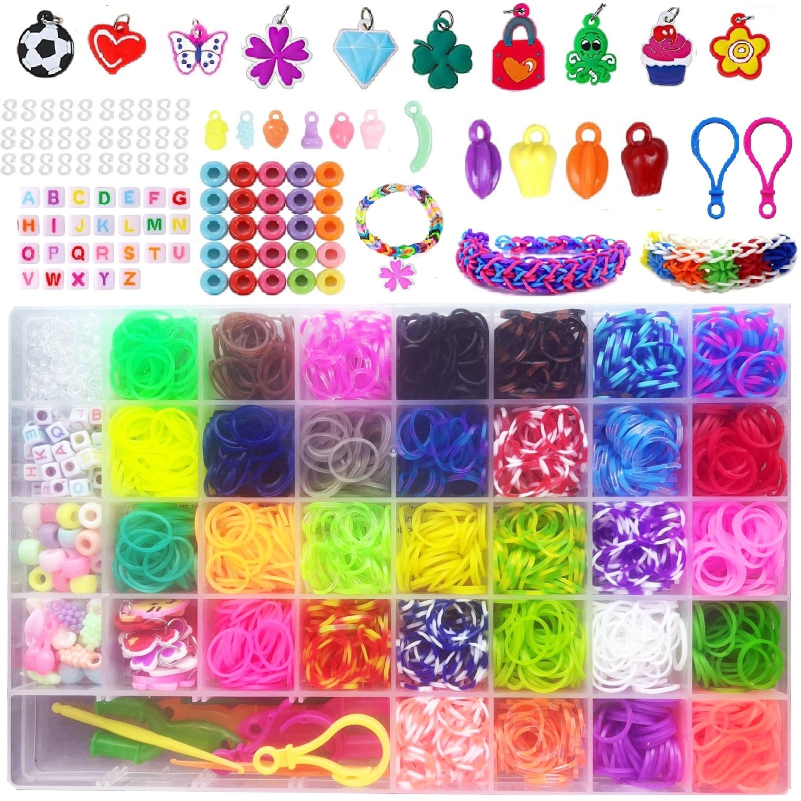 Loom Bands Kit,Rubber Bands Kit for Girls Boys 32 Colors with Charms Beads Friendship Bracelet Making Kit DIY Weaveing Bands Set