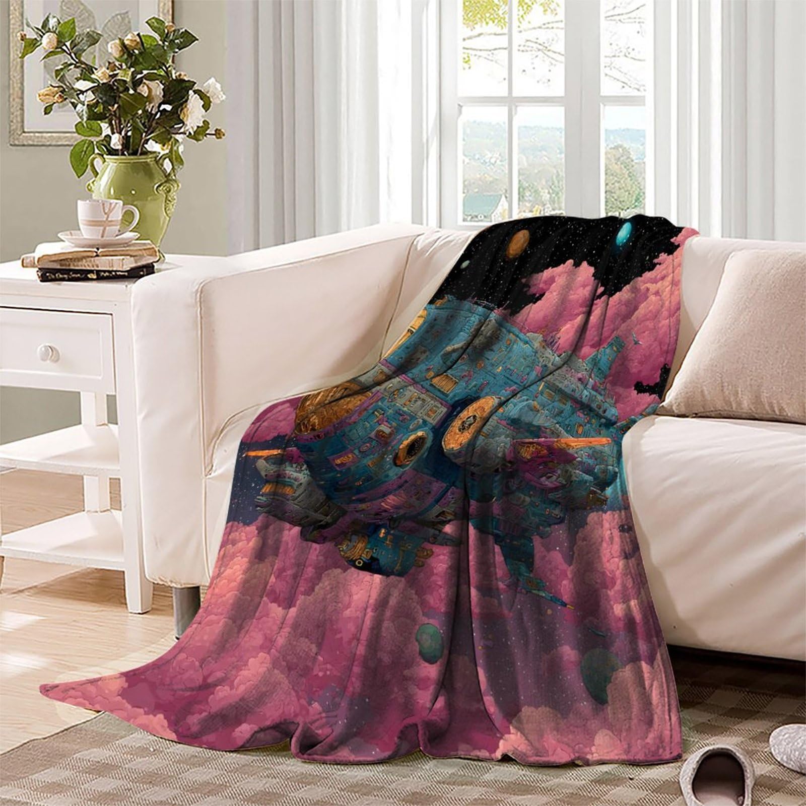 3D Gedruckte Weltraum Galaxie Nebel Sci-Fi Thema Flanell Kuscheldecke, Weltraum Erkundungsschiff Weiche Tagesdecke Für Sofa Bett, 70x80inch(180x200cm)