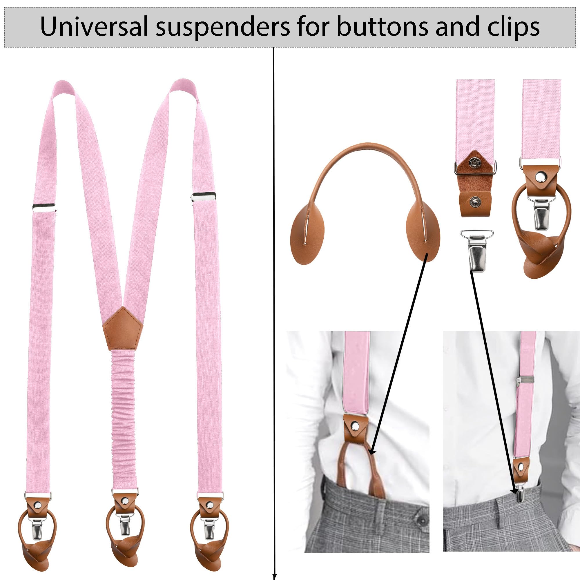 Leinen Fliege, Hosenträger, Einstecktuch für Herren, Voll Einstellbar, Viele Farben (Nr.7 Rosa, e) Fliege, Einstecktuch und Hosenträger)