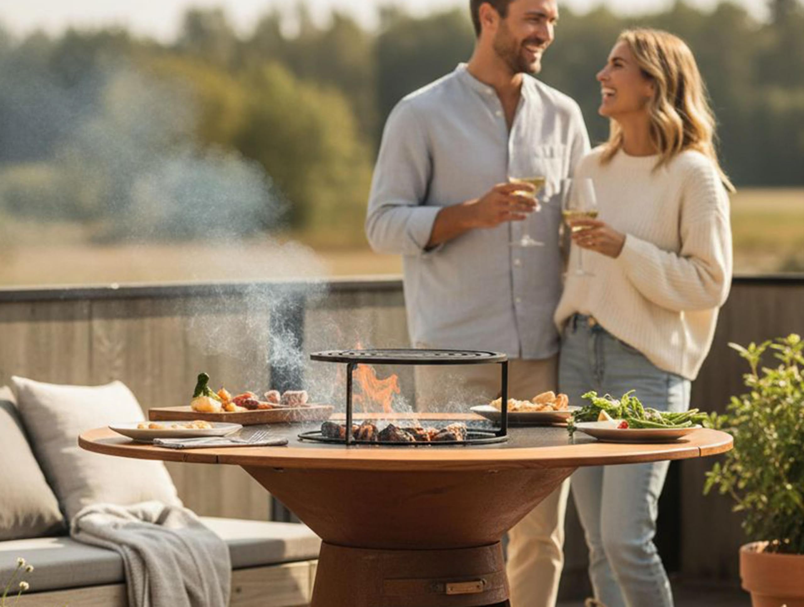 PURLINE | Barbecue rotondo con piastra in acciaio per giardino, terrazzo o patio esterno - Griglia circolare con bordo perimetrale in legno naturale e ampia superficie di cottura (EFP59CO WOOD)