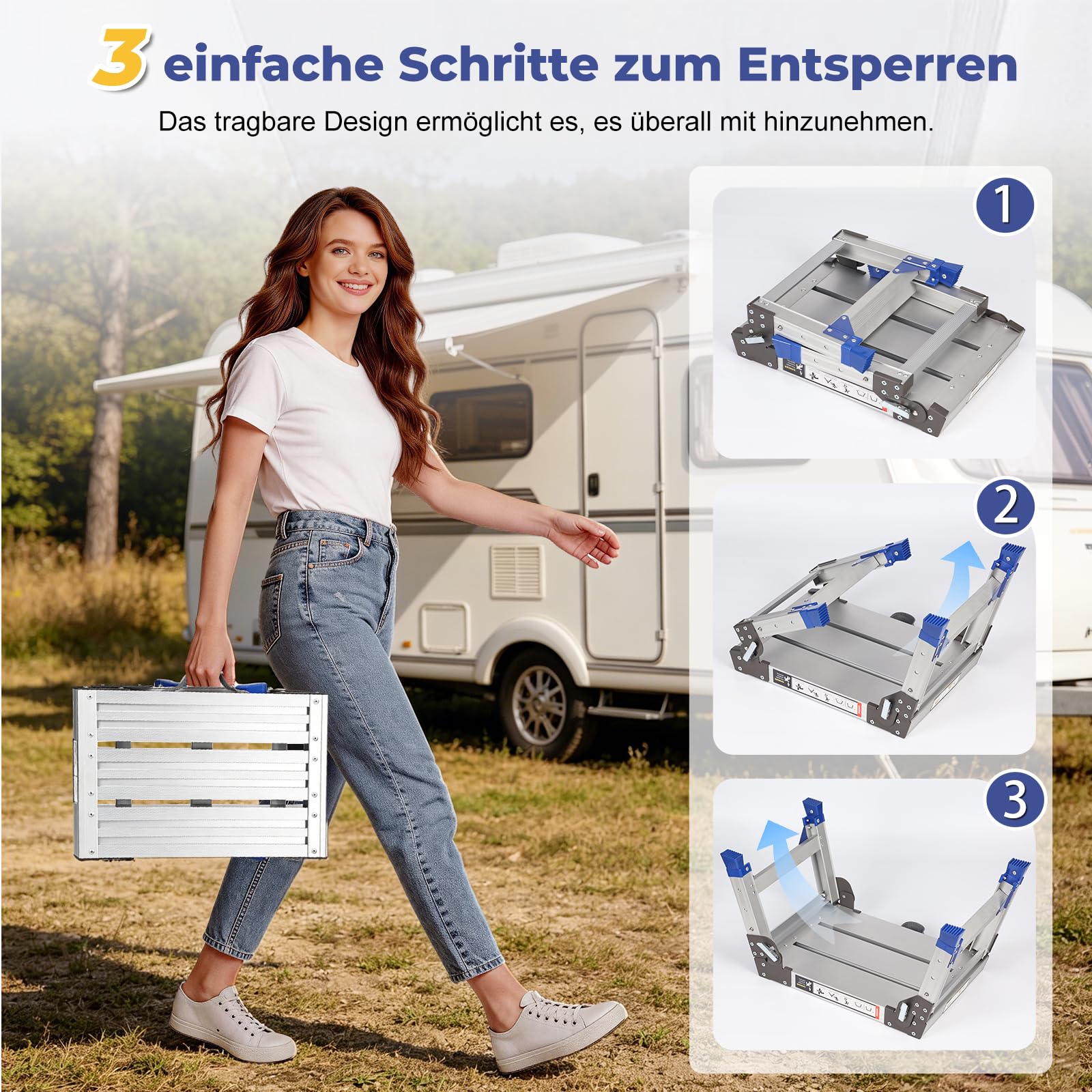 Klappbarer Aluminium Arbeitsplattform, Schwerlast-Tritthocker (Bis 362kg), 3-Fach Höhenverstellbare Trittstufe (30-40 cm), Rutschfester Einstiegstritt/Treppenpodest für Wohnmobil, Garage & Dachbox