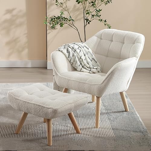 Silla de lectura Sherpa con otomana, moderna silla mullida con sillón otomano tapizado con patas de madera, cómoda silla de descanso para espacios