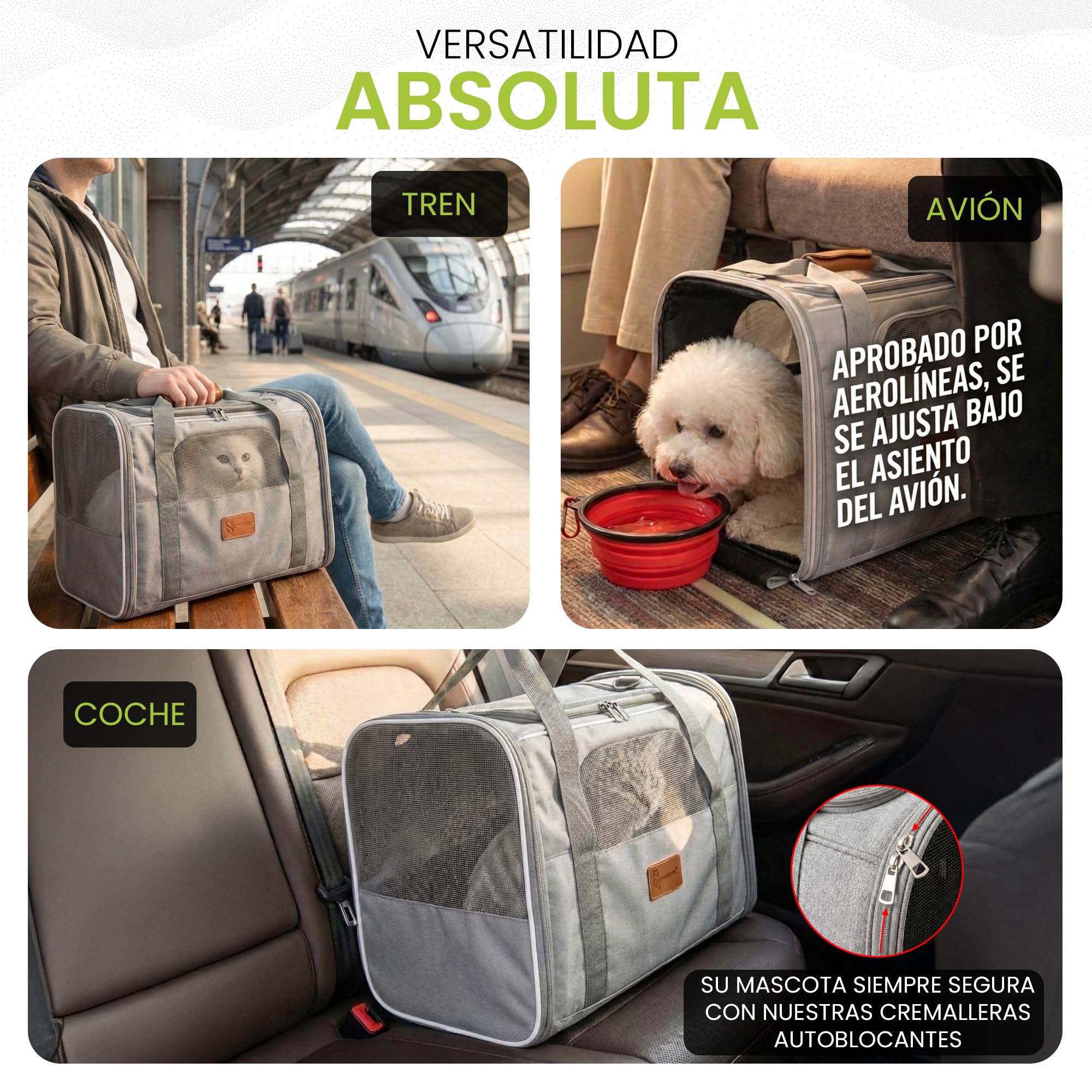 Transportin Perro Gato Plegable y Reforzado con Cama, Bebedero y Juguete de Regalo | Transporte de Gato Viaje Cómodo y Seguro | Bolsa de Transporte Portátil con Ventilación 360º