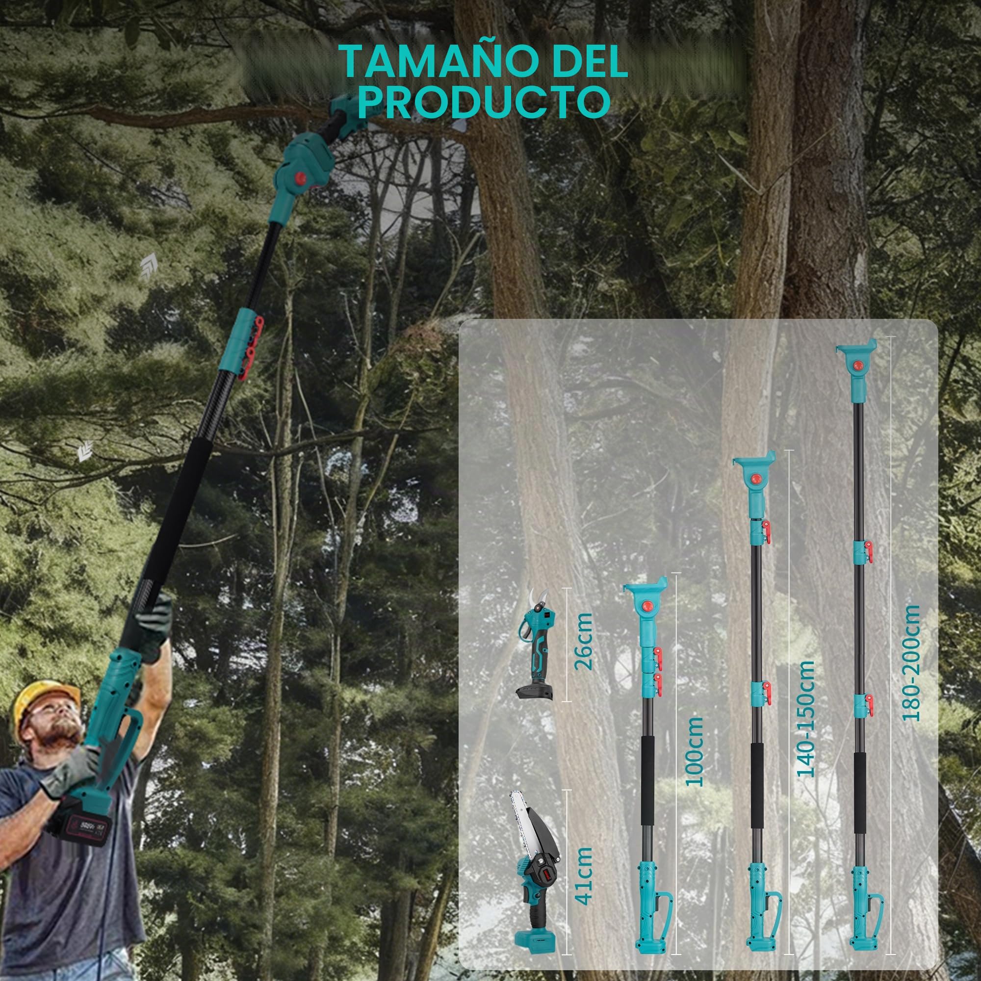 ONEVAN Podadora y Tijera de Podar Telescópica 4 en 1 incl. 2×4.0Ah Baterías | 15cm Motosierra, 25mm Cizalla, 260cm Barra, 180° Ángulo ajustable, Motor Brushless, Acero SK5 Cuchillas, Poda en altura