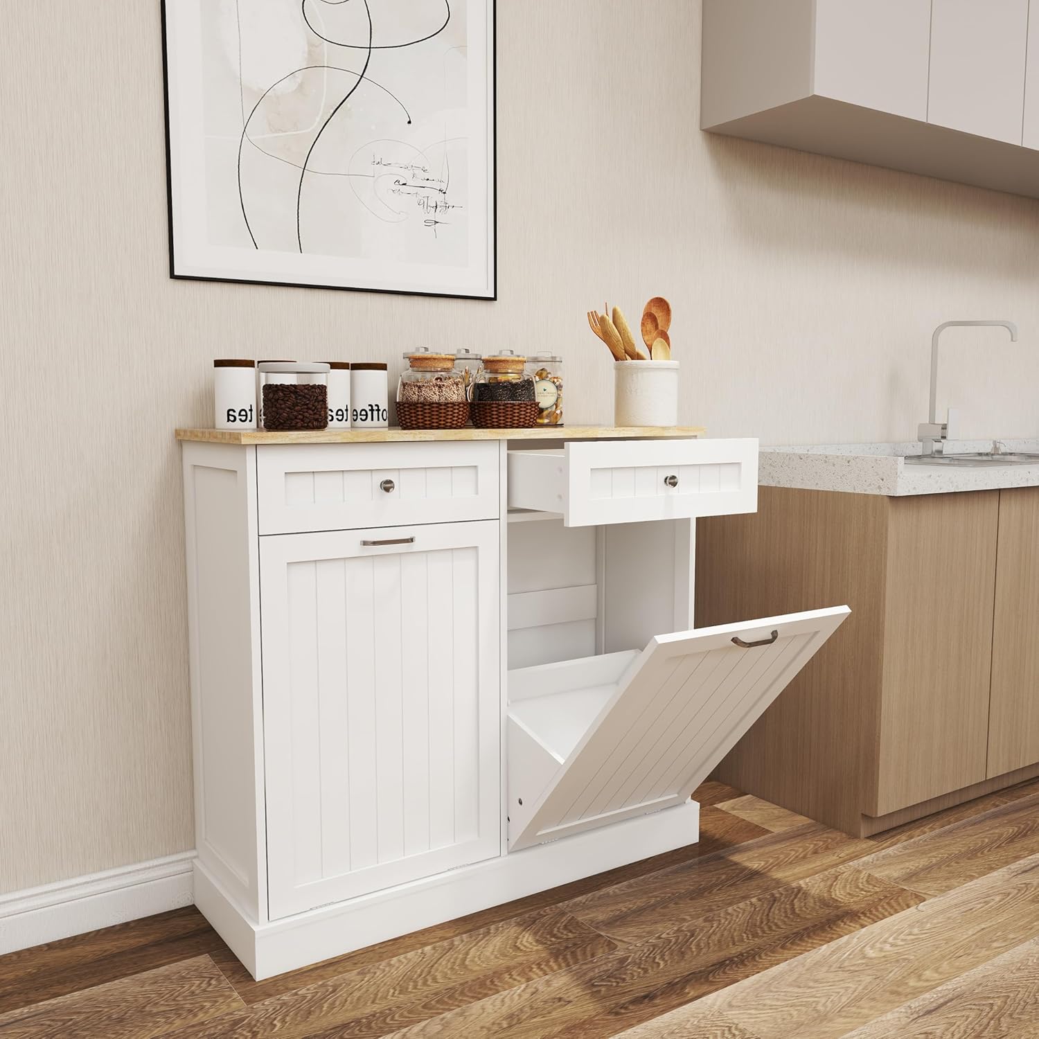 Ball & Cast Double Tilt Out Trash Cabinet, Multifunctional White Hidden Garbage Can Cabinet, Wooden Trash Can for Kitchen, Bathroom and Living Room