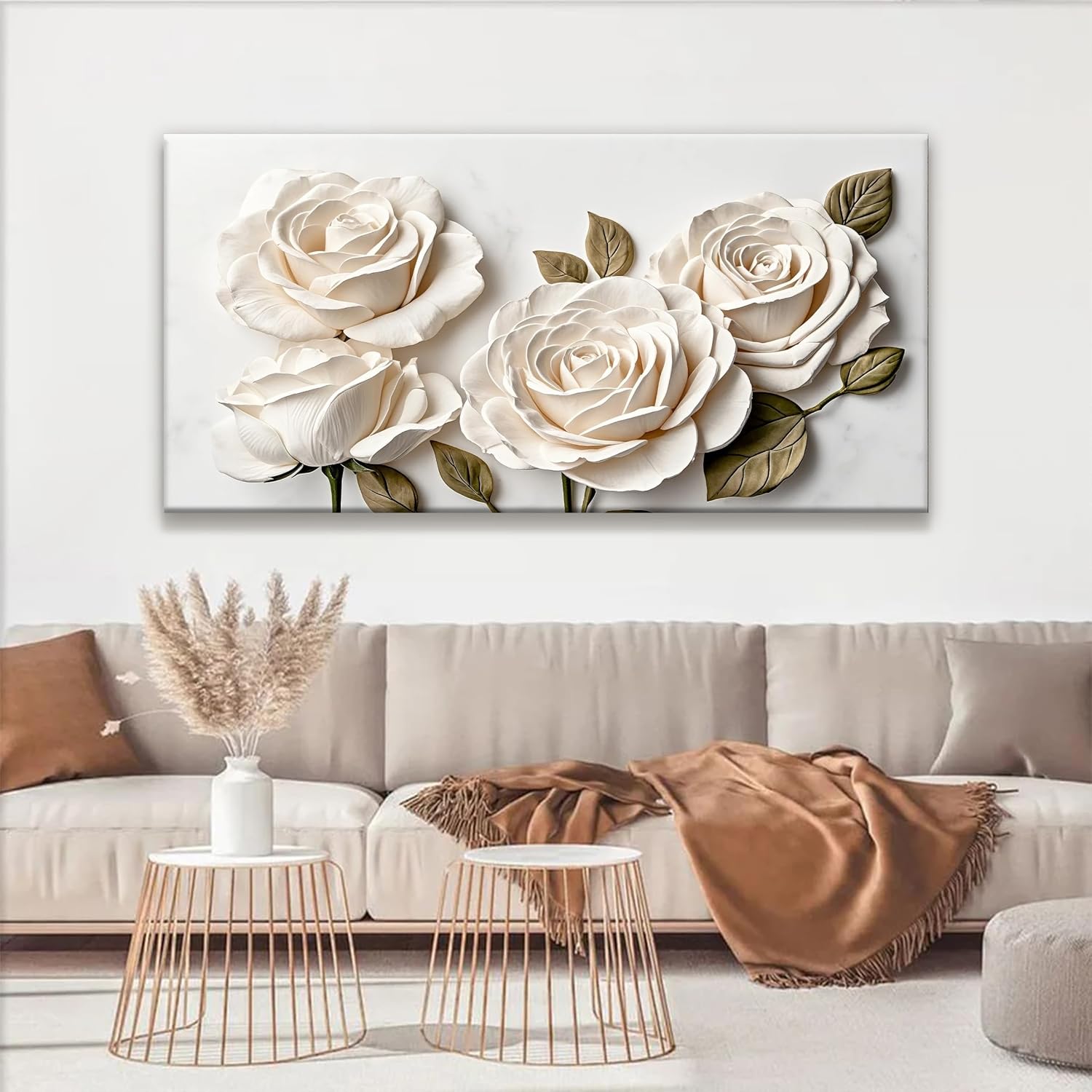 Suconvng Canvas Art Wall Decor Floral Wall Art For Living Room Modern Canvas Wall Decor Prints Pictures For Wall White Flower Wall Art For Hotel Home Artwork 24x48 Inch - Image 2