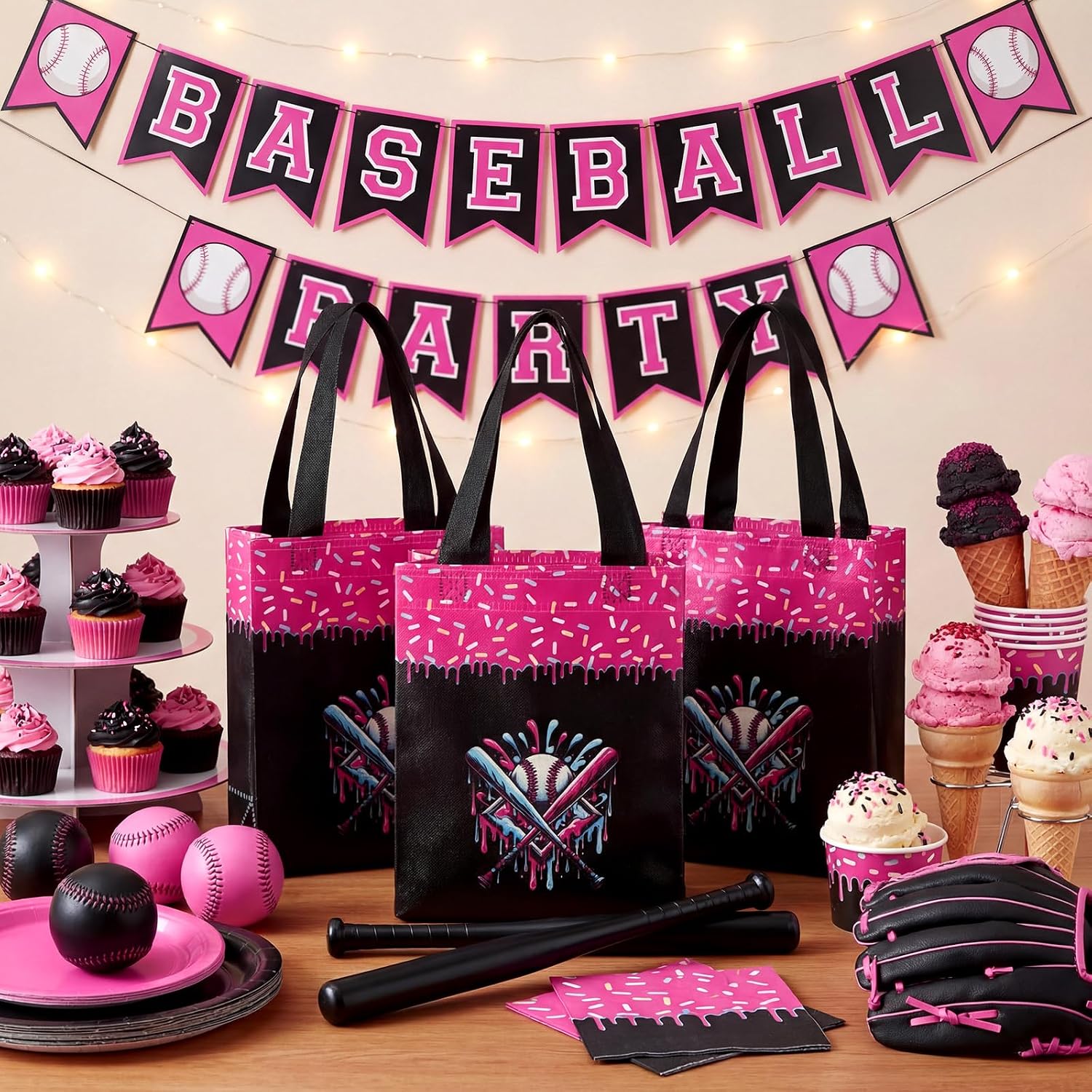 Hsei 24 Sets Ice Cream Drip Baseball Themed Woven Bags Bulk Treat Goodie Containers with Handles Summer Pool and Beach Game Stuff for Summer Sport Party