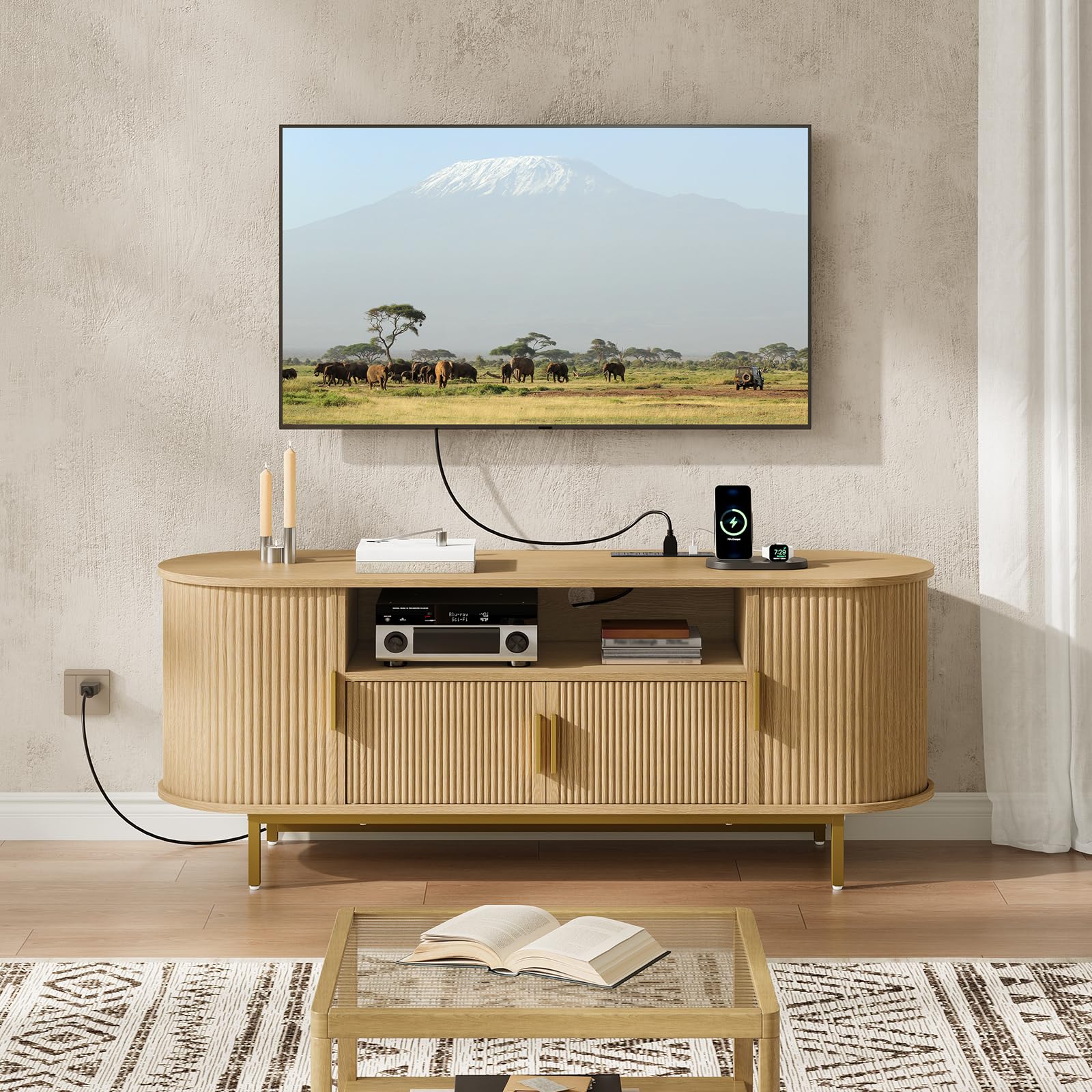 CHOEZON 65" Modern TV Stand with Power Outlet, Wave Pattern Design Media Console with Hidden Storage & Open Shelf for TVs up to 65", for Living Room,