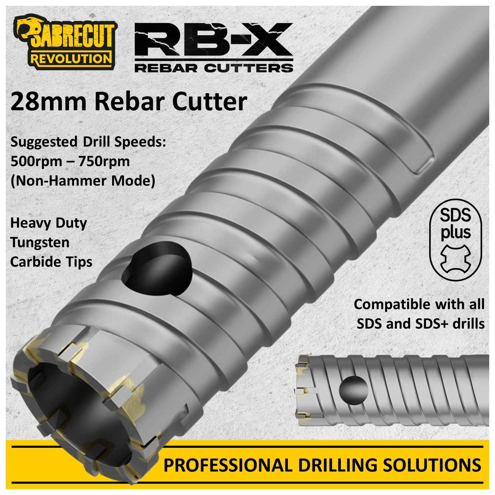 SabreCut 1pc SCRB28 28mm x 300mm Brocas Resistente | Puntas carburo de tungsteno y soldadura precisa cortan duraderamente varilla embebida