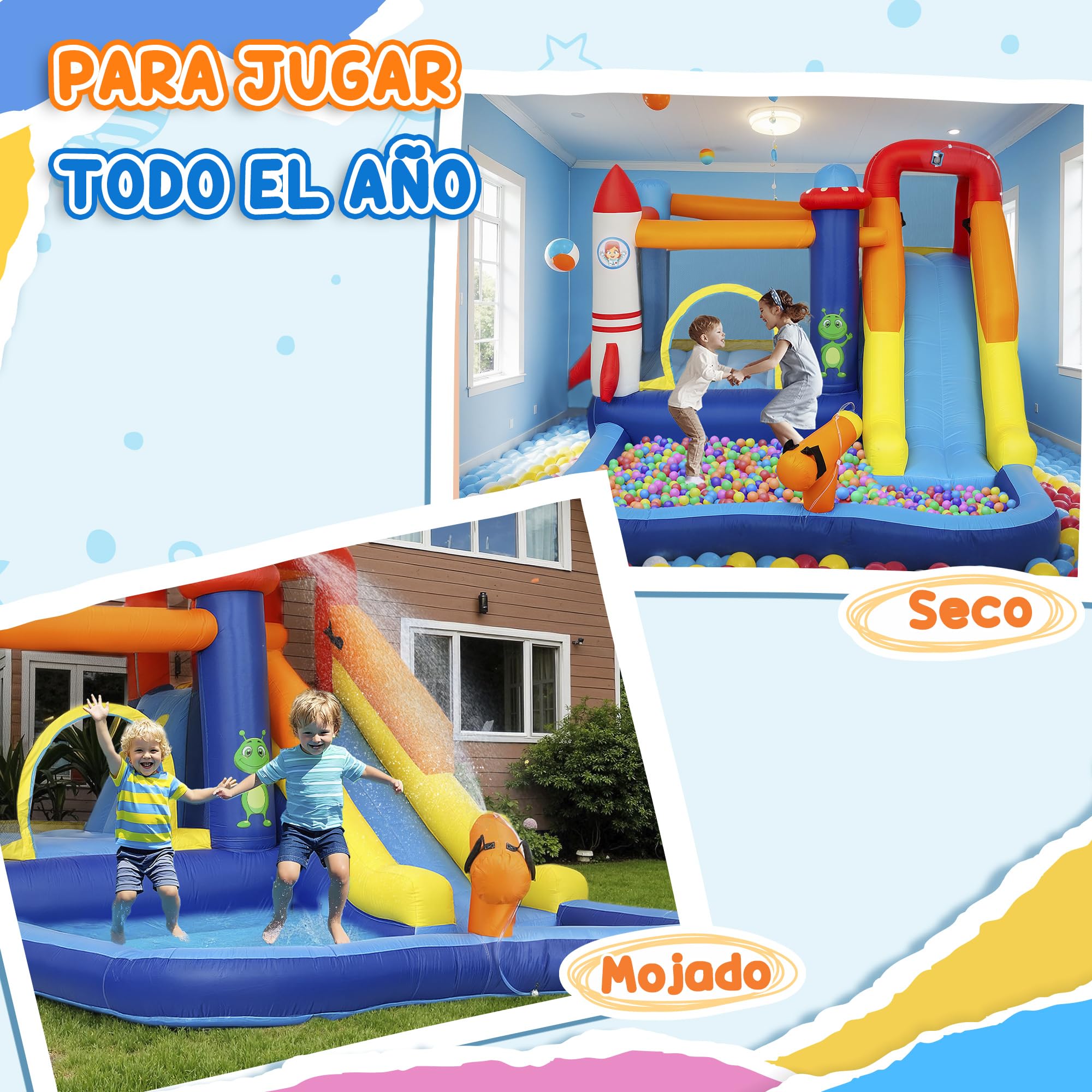 AIYAPLAY Castillo Hinchable con Soplador 5 en 1 Parque Acuático Hinchable para Niños con Tobogán Piscina de Chapoteo Escalada y Cañón de Agua para Exterior Interior 360x250x195 cm
