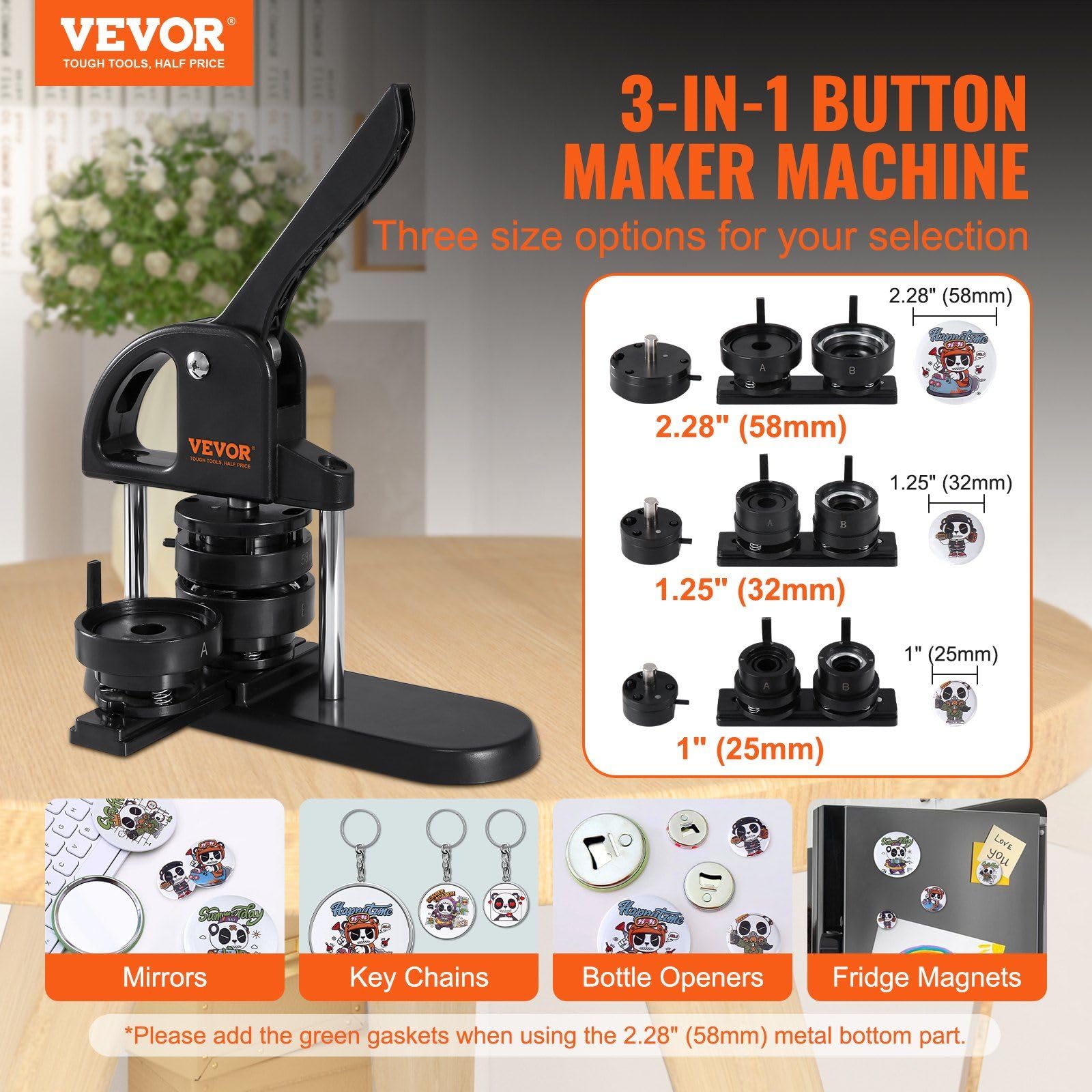 Button Maker, 1/1.25/2.28 inch(25/32/58mm) 3-IN-1 Pin Maker, with 300pcs Button Parts, Button Maker Machine with Panda Magic Book, Ergonomic Arc Handle Punch Press Kit, For Children DIY Gifts