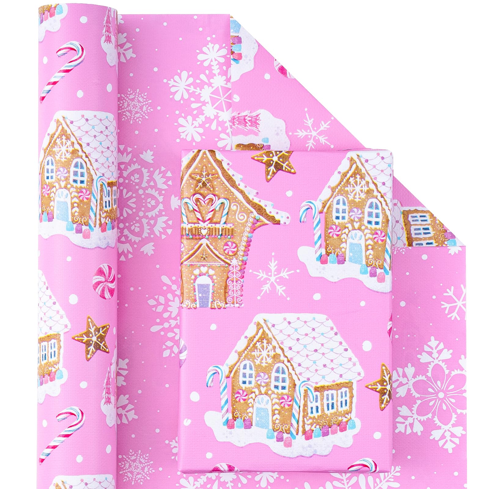 WRAPAHOLIC Dwustronny świąteczny papier do pakowania - mini rolka - 43 cm x 90 cm - różowy piernikowy domek płatek śniegu z wytłoczonym tłoczeniem na Boże Narodzenie, wakacje