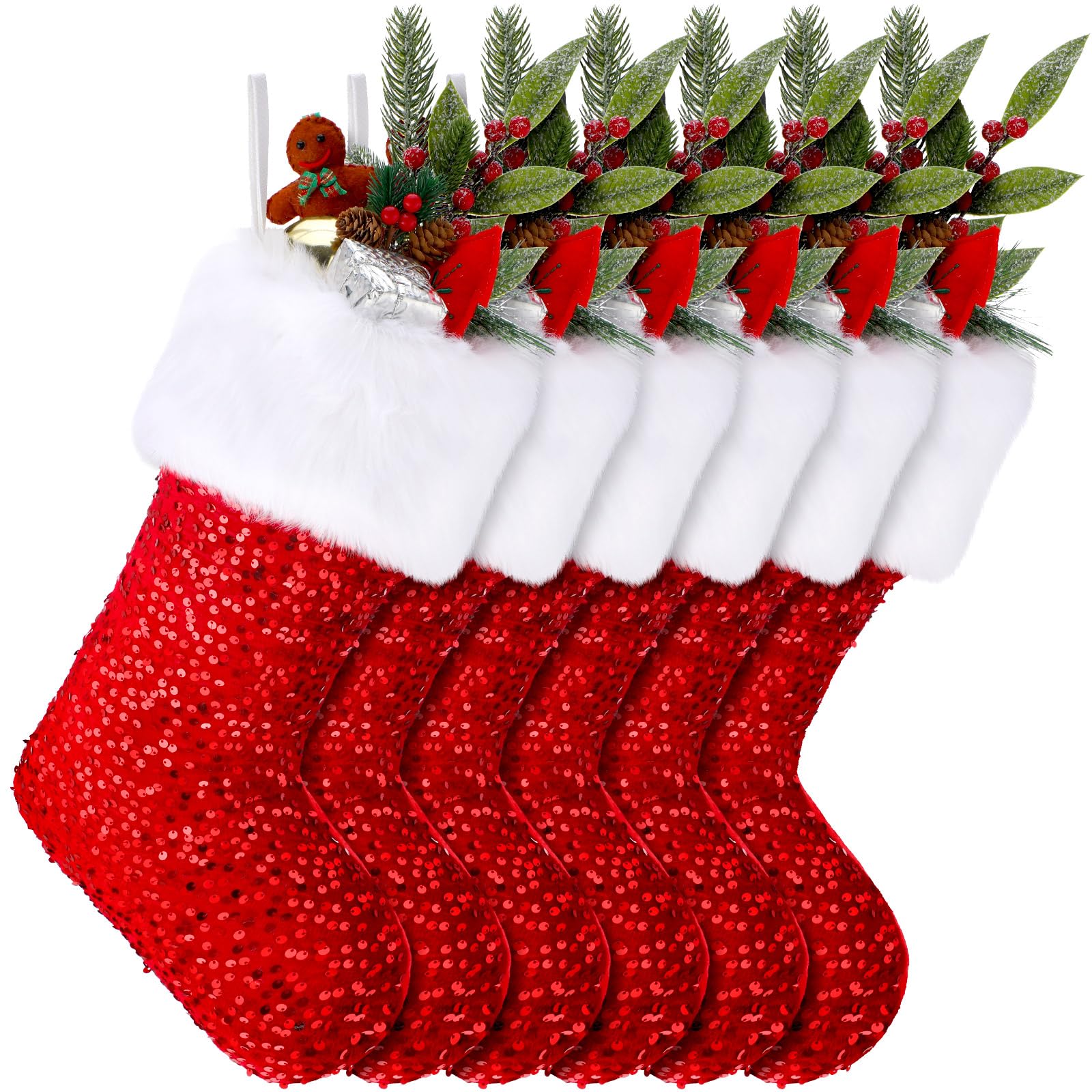 Weihnachtsstrümpfe, Kunstfell, Weihnachtsstrümpfe, große Plüsch-Manschette, hängende Ornamente für Weihnachtsbaum, Kamin, Rot, Glitzer-Pailletten-Stil, 6 Stück
