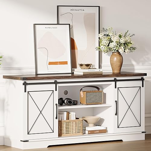 Miniatura 11 de IDEALHOUSE Soporte de TV estilo granja para televisores de 65 pulgadas, centro de entretenimiento con almacenamiento y puertas corredizas de