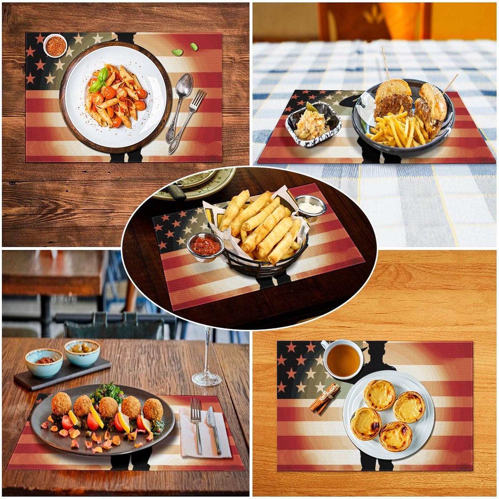 Soldier Saluting America Flag Tovagliette all'americana 6 tovagliette in PVC, lavabili, resistenti al calore, antiscivolo, impermeabili, set di tovagliette per interni ed esterni, tavolo da pranzo in