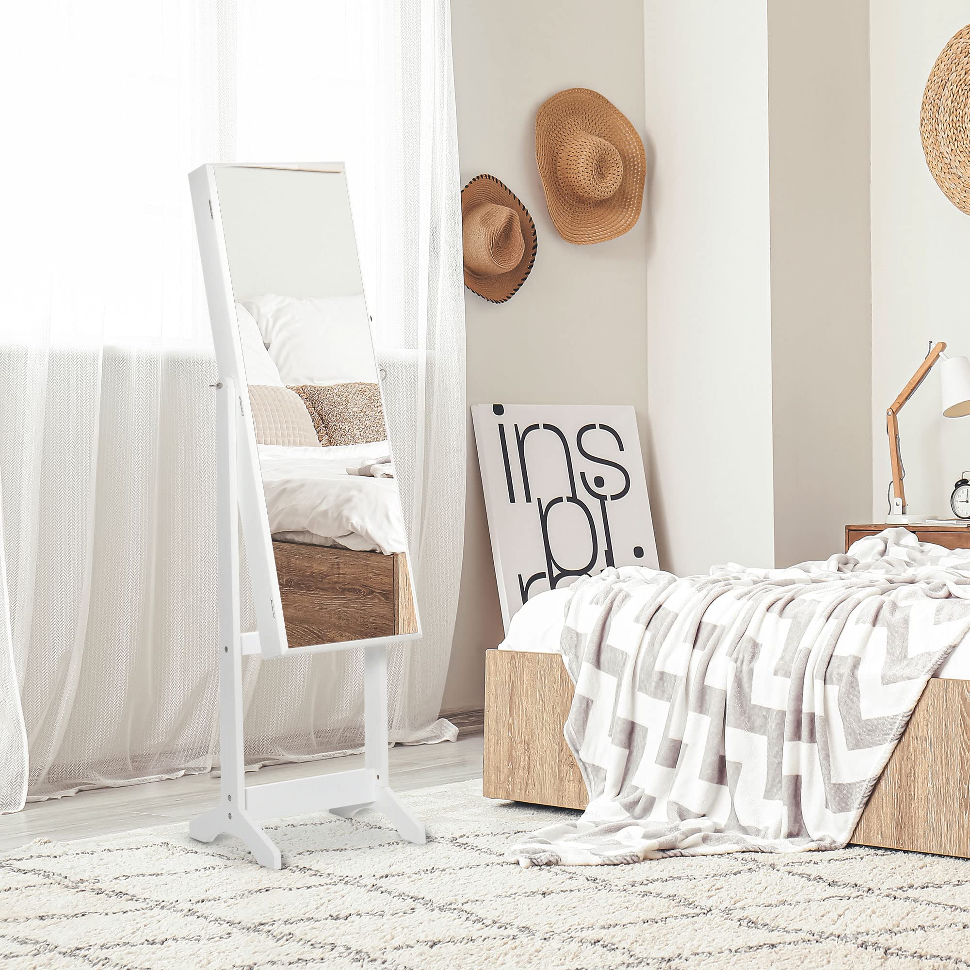 HOMCOM Armoire à Bijoux avec Miroir à Pied Multi-Rangement Inclinaison réglable Serrure dim. 46L x 36,5l x 151,5H cm en bois Blanc