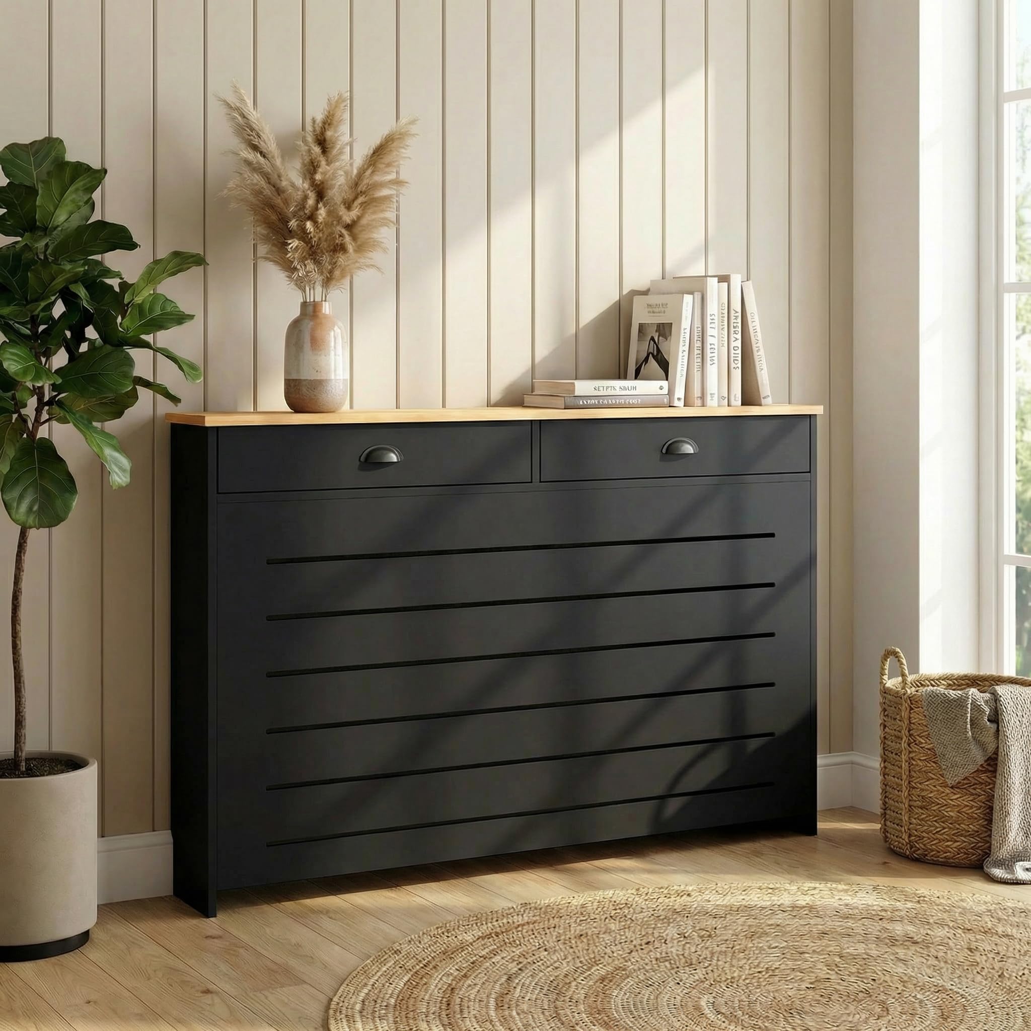 DuraTherm® Radiator Cover Black Painted MDF Cabinet Horizontal Slat Storage Drawers & Shelf, Radiator Furniture Cabinets for Office Hallway Living Room Bedroom, Medium (H: 96cm / W: 111.5cm / D: 19cm) — image 1