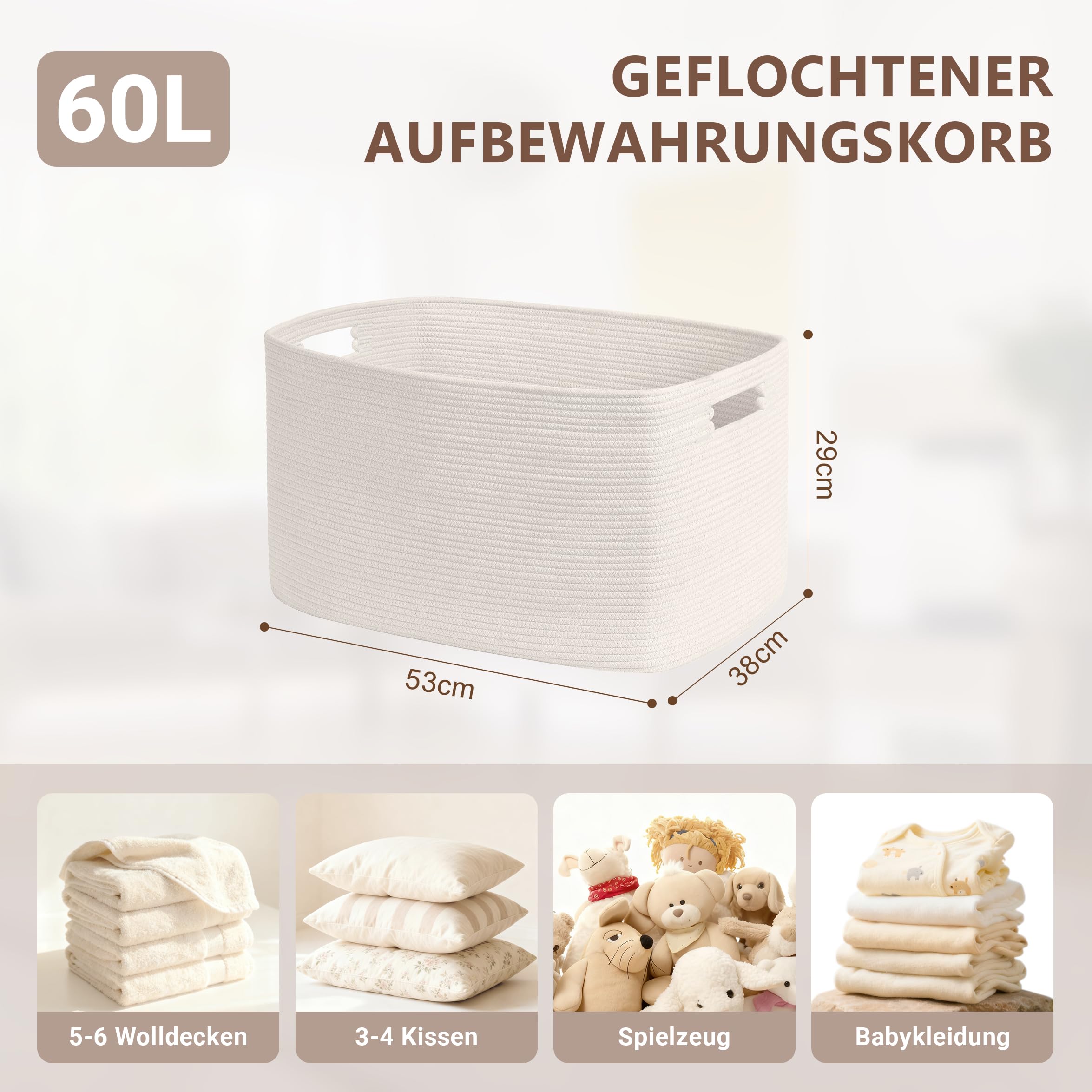 MYHOMMATTO Großer 60L Aufbewahrungskorb aus Baumwollseil, Boho Korb für Spielzeug Decken, Wäschekorb Geflochten, Wäschesammler Kleidung Aufbewahrung 