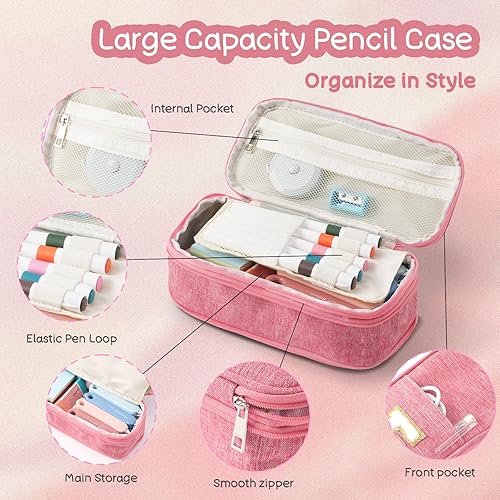 Miniatura 4 de GuanQiao Estuche rosa de gran capacidad bonita bolsa con cremallera para niñas y mujeres. Estilo preppy expandible, organizador de almacenamiento