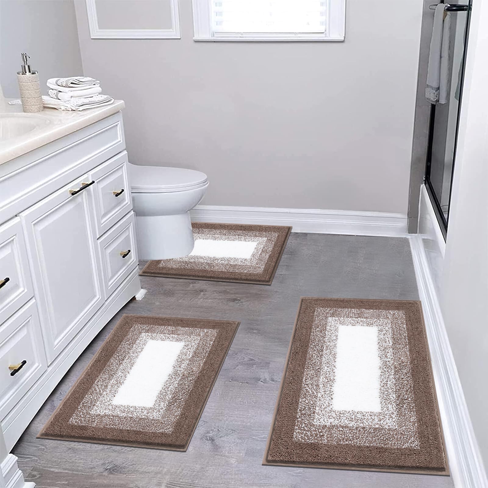 Bsmathom Bathroom Rugs Sets 3 Piece, Plush Shaggy Bathroom Rugs Non Slip Washable, Absorbent Microfiber Bath Mat with U-Shaped Contour Toilet Mat for Bathroom Floor, Tub and Shower, Coffee