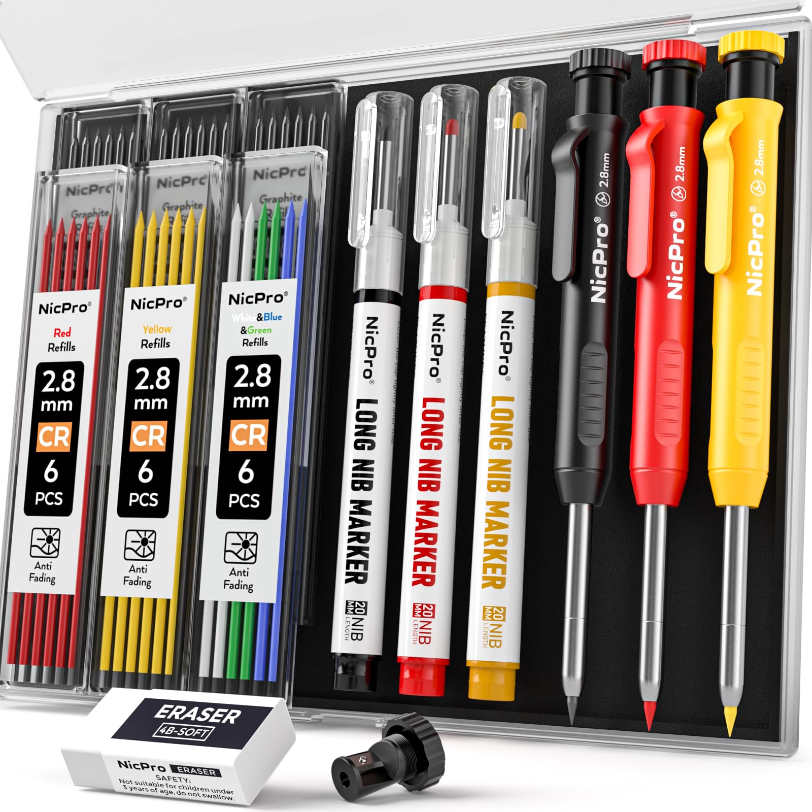 Nicpro 3 Pack CP1000 Carpenter Pencils with Sharpener, Mechanical Carpenter Pencil with 39 Refills, Deep Hole Long Nib Marker Pens for Construction, Heavy Duty Woodworking Pencil for Architect Marking