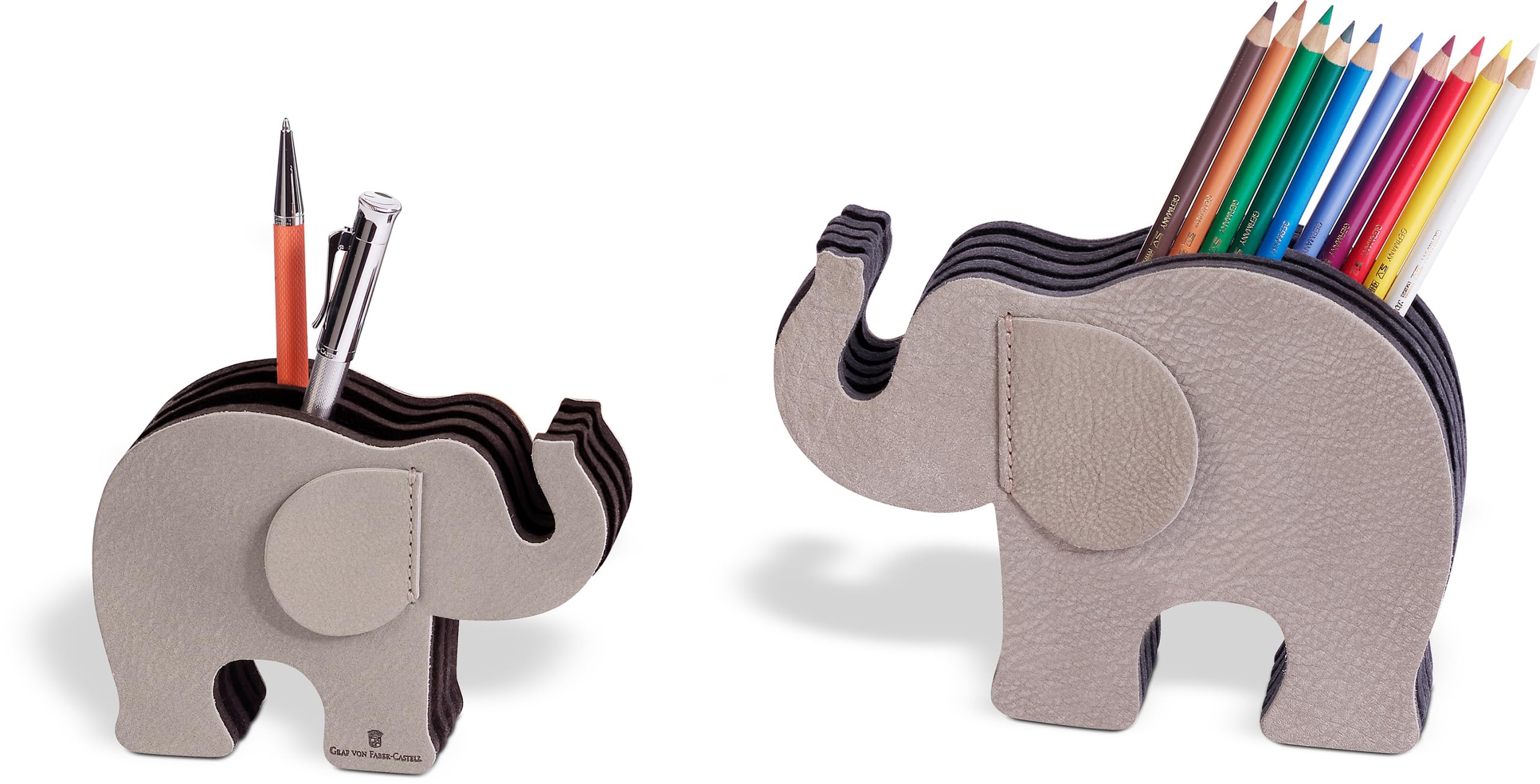 Graf von Faber Castell - Stiftehalter Elefant Grau, Größe S | Aus grauem Nubukleder mit 12 Polychromos Buntstiften und drei Filzfächern