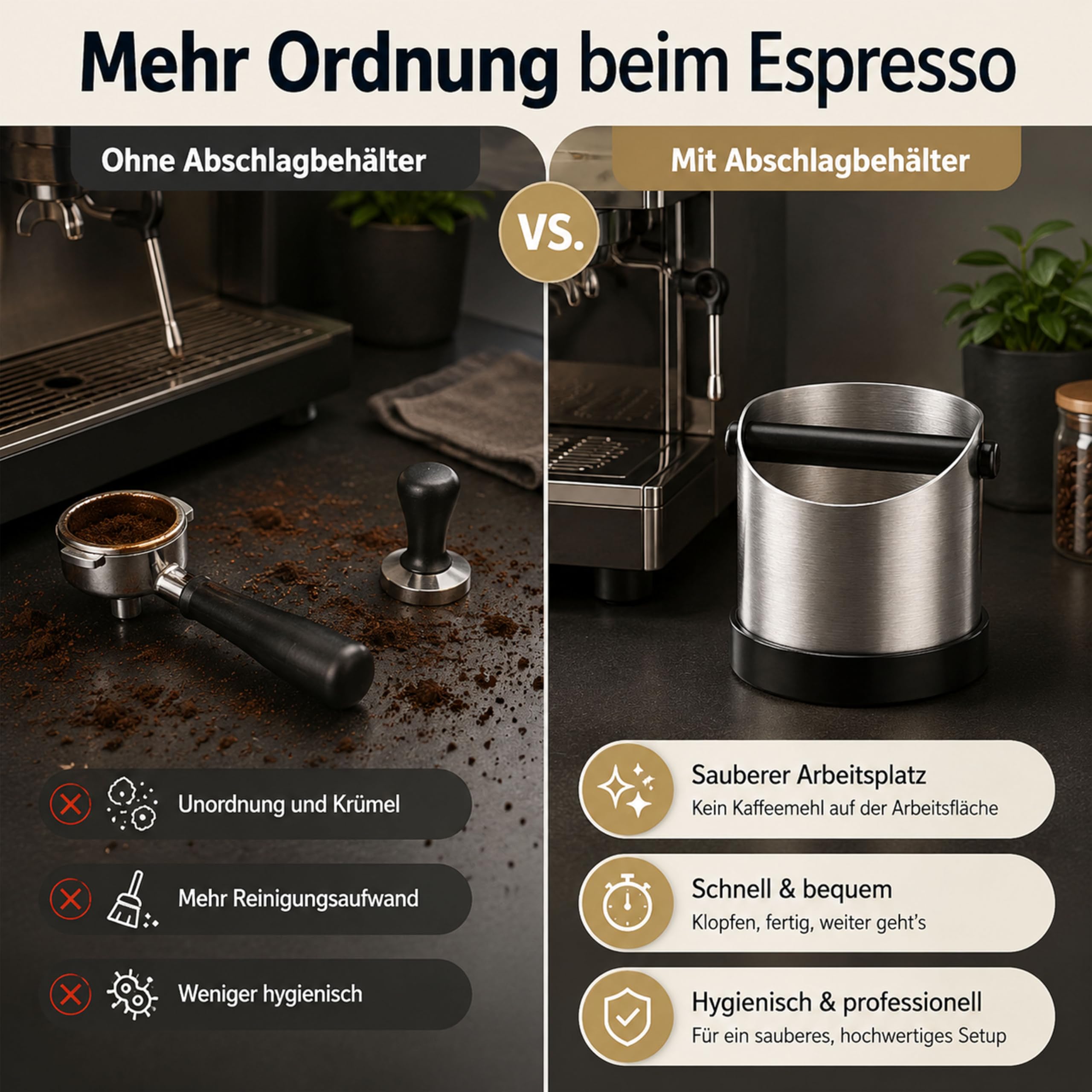 URMONA Knock Box per Espresso, Contenitore Fondo Caffè 1,3L in Acciaio Inox, Abklopfbehälter con Barra Rimovibile e Base Antiscivolo, Accessorio per Macchina Caffè Delonghi Sage Ninja (Argento)