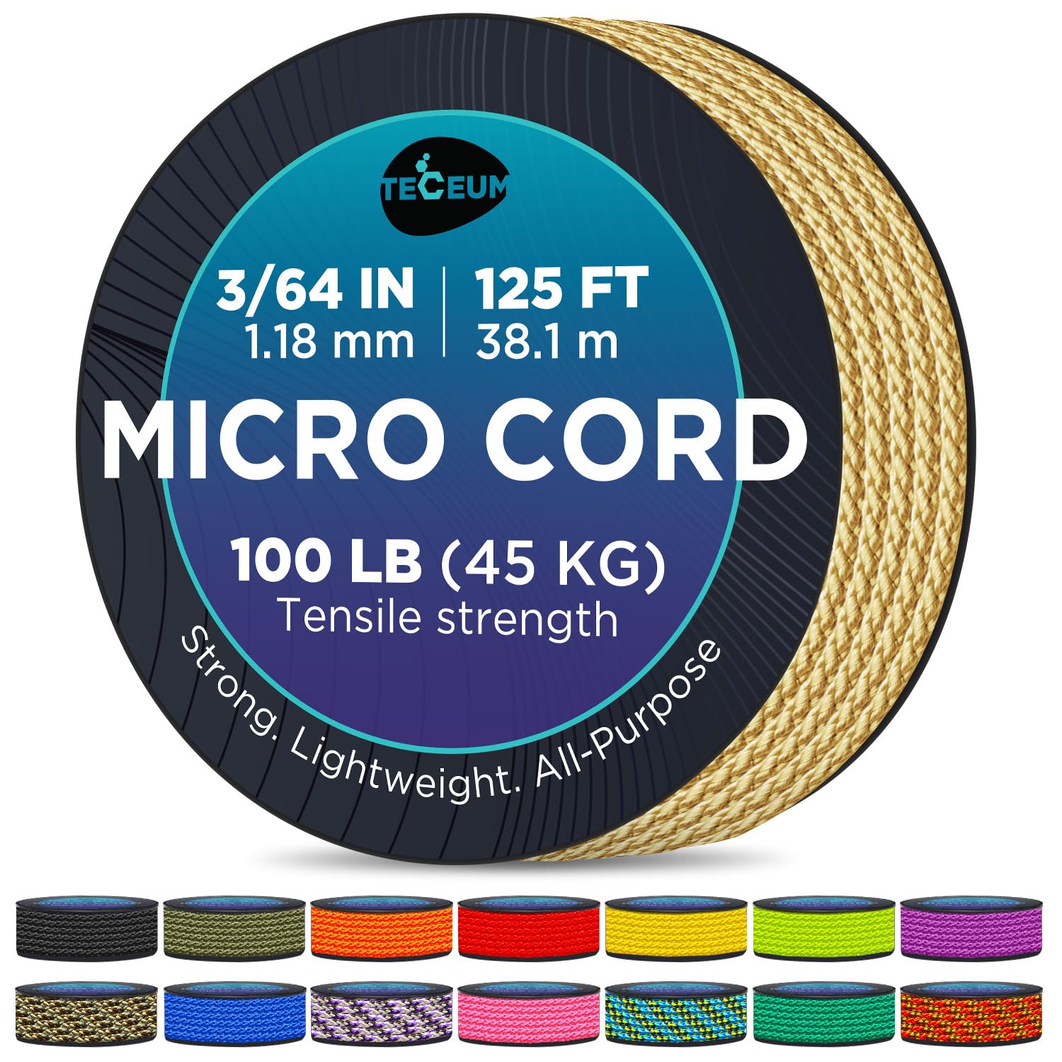 TECEUM Micro Paracord – Goldener Sand – 1.18 mm x 38 m– Micro Utility Cord – Dünnes geflochtenes Paracord-Seil aus Nylon und Polyester – Ersatzschnur für Windspiele – Reißfeste Survival-Schnur 028c