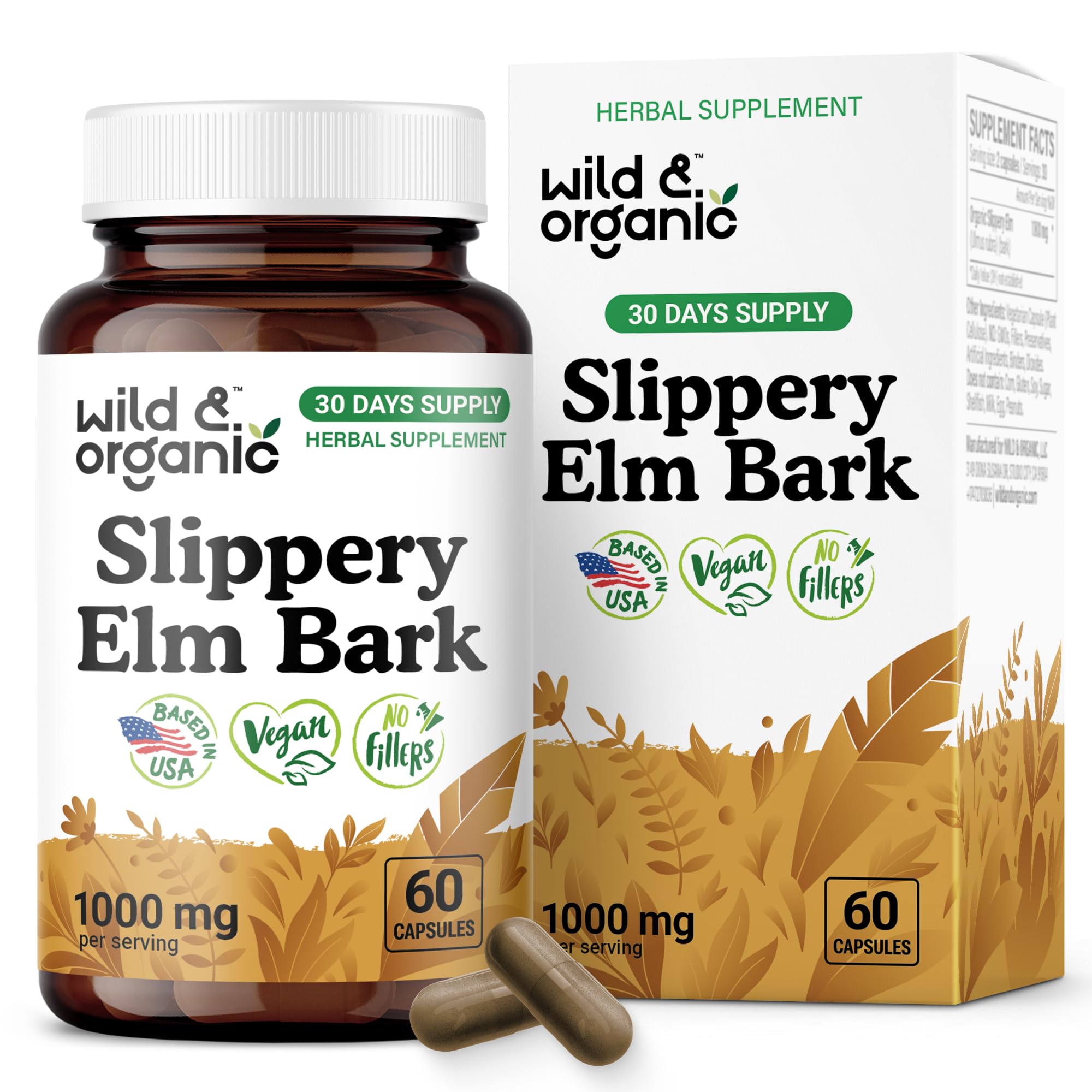 Wild & Organic Slippery Elm Capsules 1000 mg - Digestive, Lung & Women's Support - Slippery Elm Bark Supplement - Ulmus Rubra Powder - 30 Days of Supply - Vegan, No Fillers, Non-GMO - 60 Count