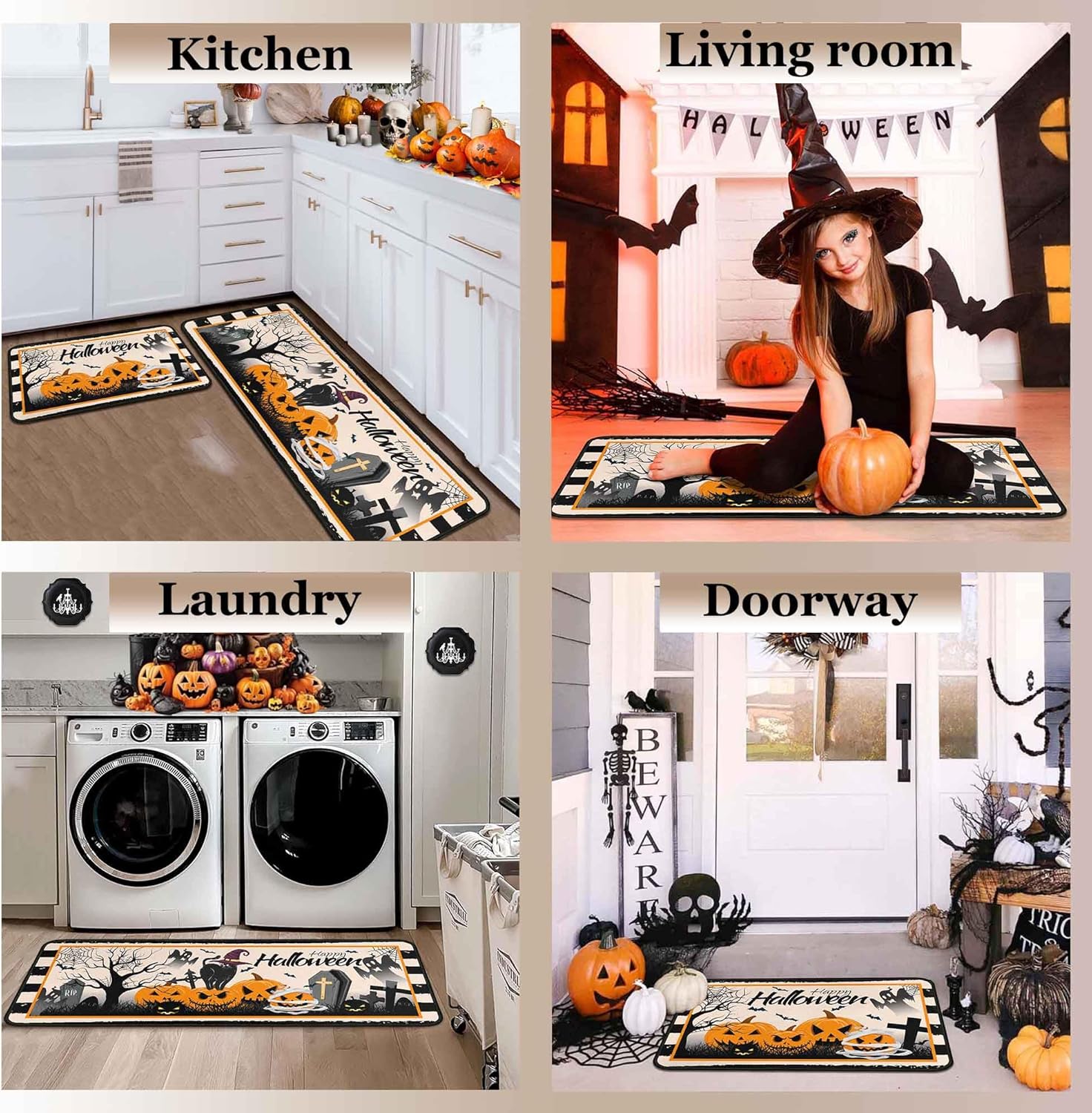 Halloween Kitchen Rugs and Mats for Floor, 2 Pcs Non-Slip Backing Pumpkin Mat, Halloween Decor Holiday Kitchen Rug Sets with Runner (17"x47.2"+17"x30")