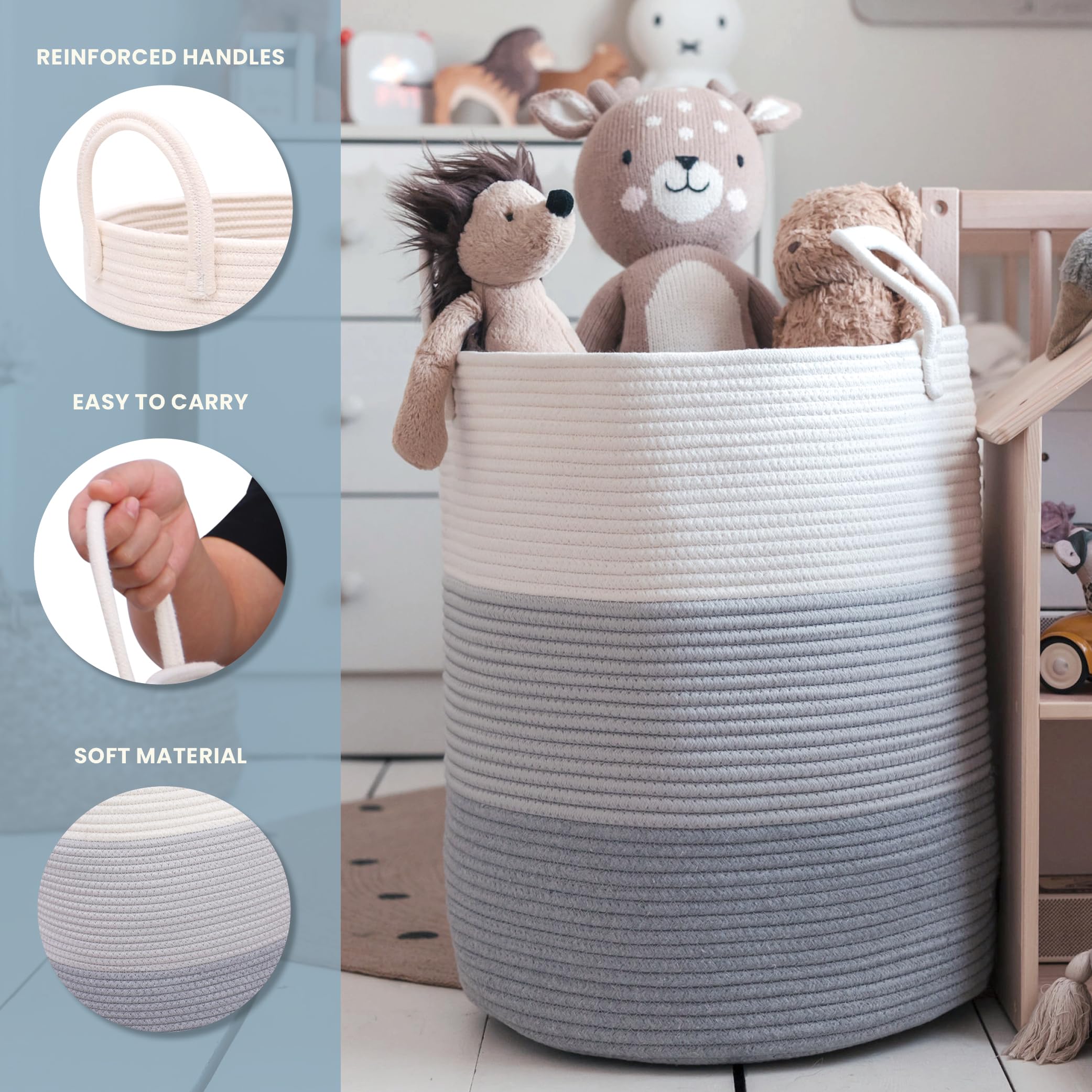 OrganiHaus Cestino Grigio 38x45cm in Tessuto e Corda Naturale con Manici – Organizer Grande per Biancheria, Giocattoli e Plaid, 3 Tonalità