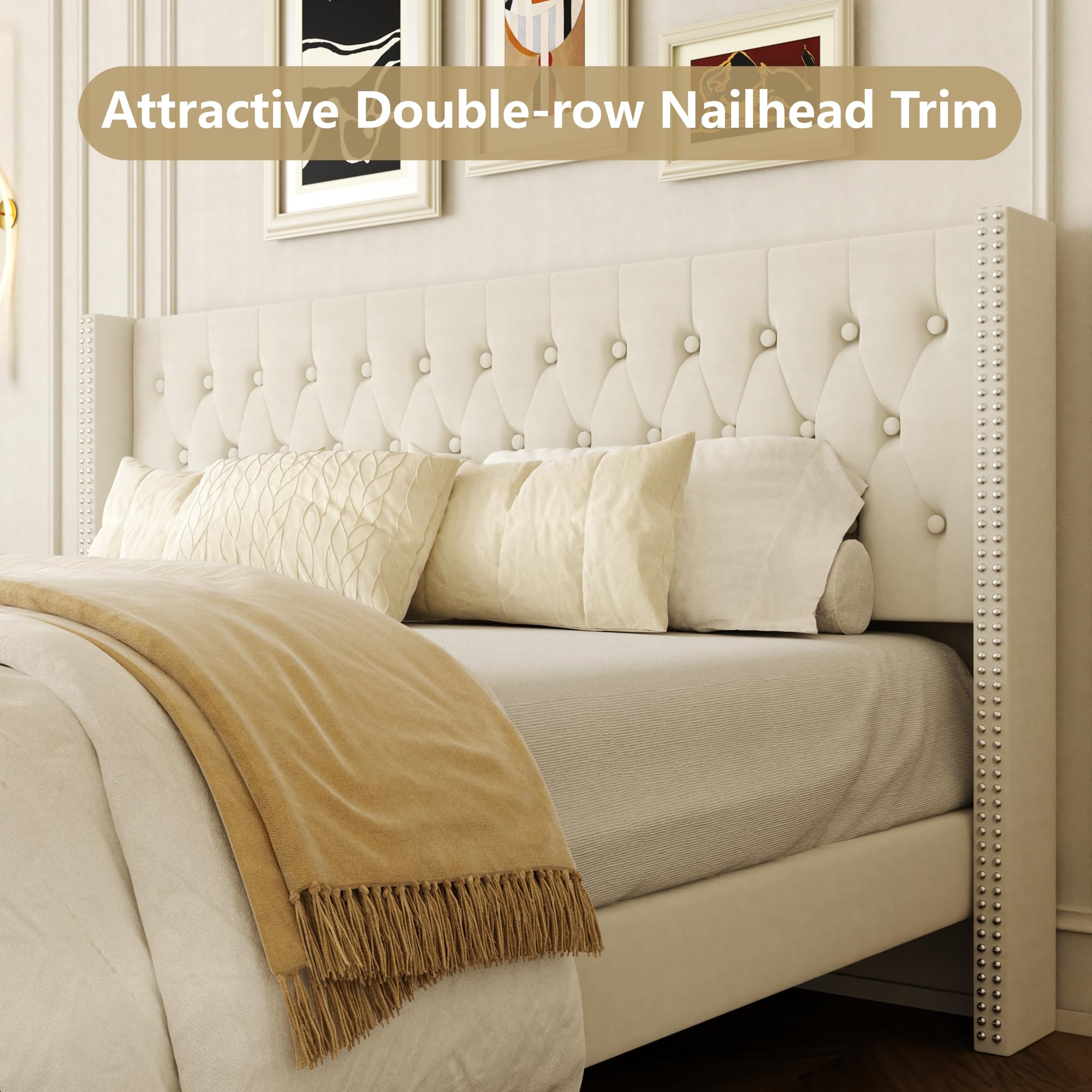 Base de cama de plataforma tamaño King con cabecera capitoné con botones, respaldo moderno con aleta con ribete de doble hilera, no necesita somier, fácil montaje, terciopelo beige 3